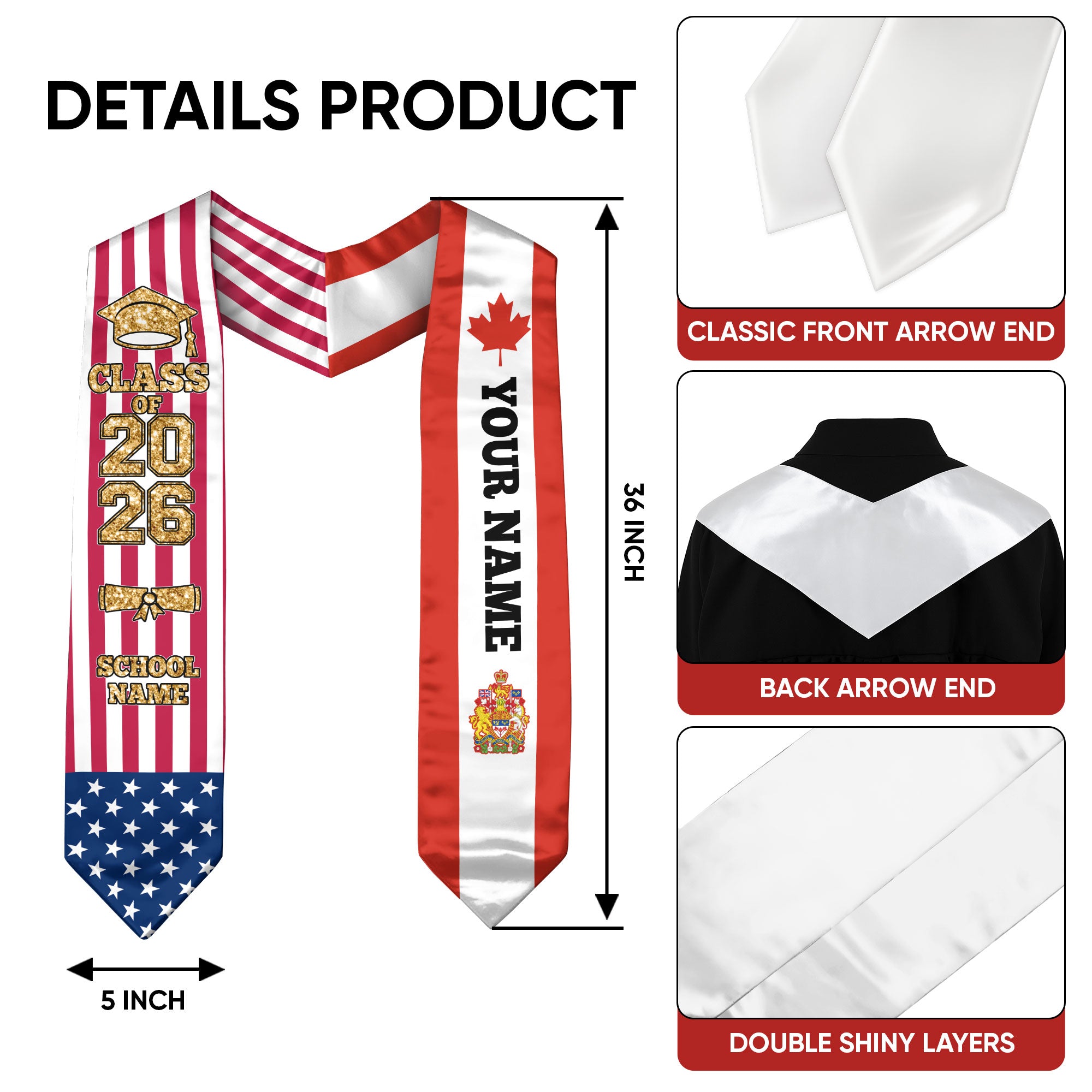 Customized Canada Graduation Stole with Canadian Flag Accent, Graduation Sash 2026, Class of 2026