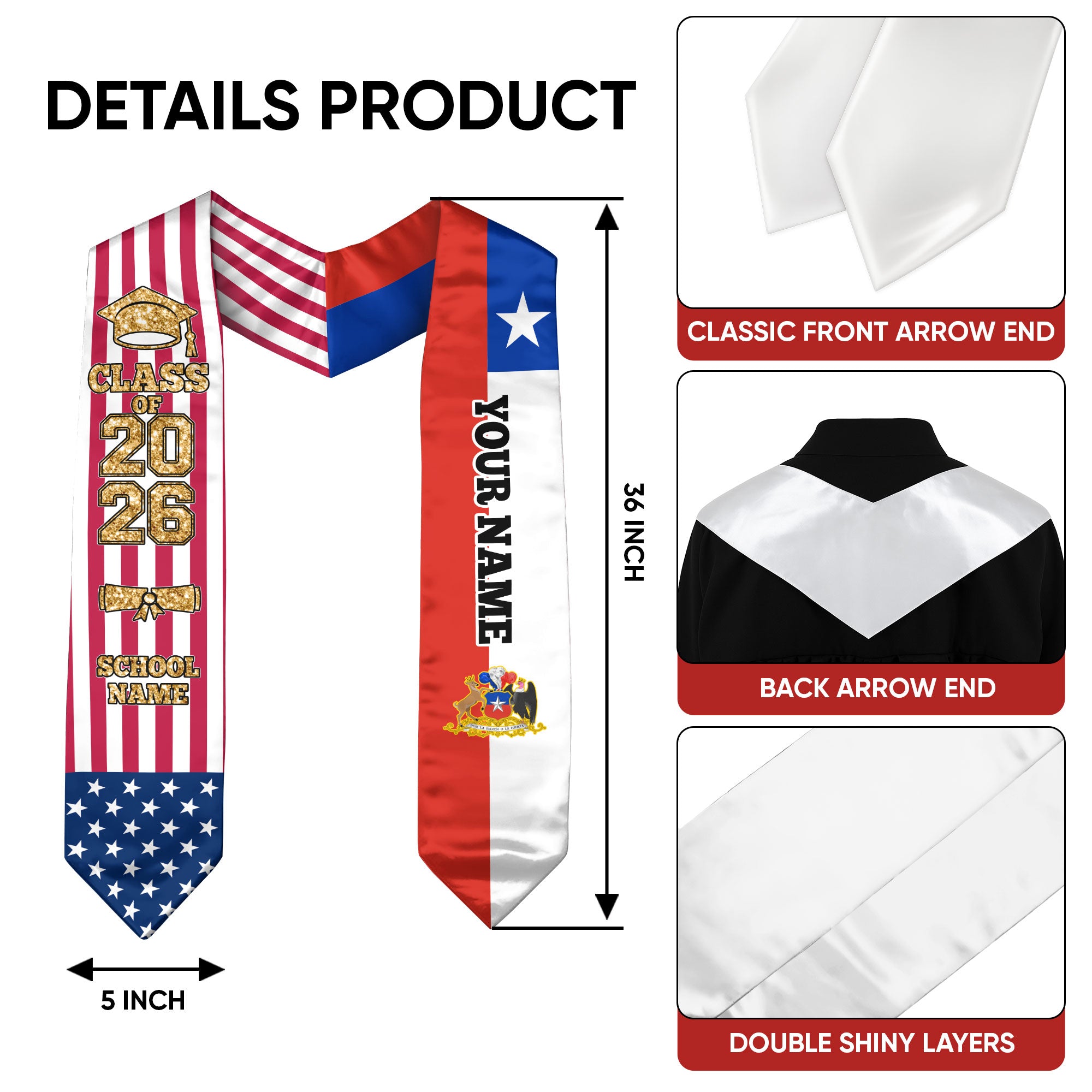 Customized Chile Graduation Stole Featuring Chilean Flag Design, Graduation Sash 2026, Class of 2026