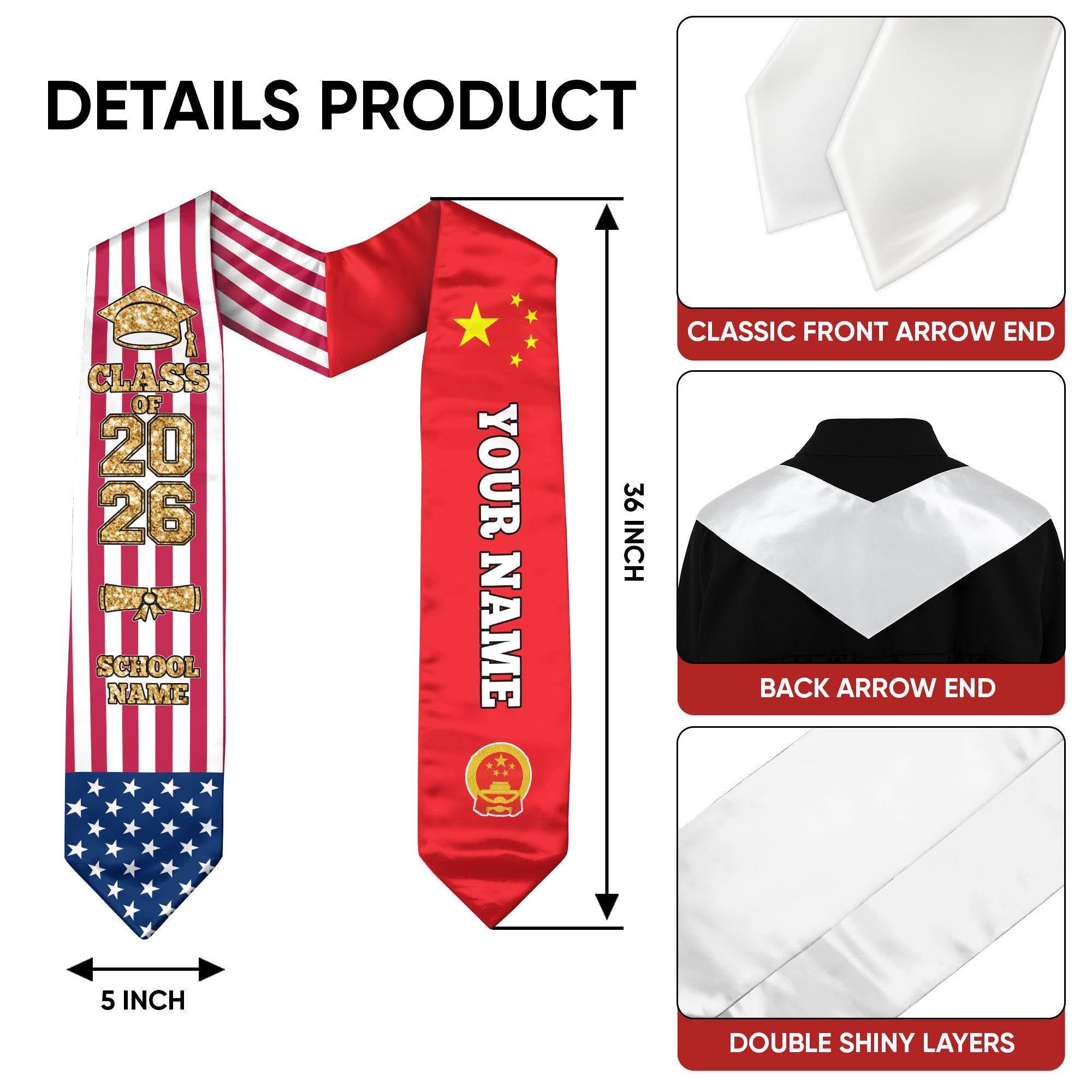 Customized China Graduation Stole with National Flag Detail, Graduation Sash 2026, Class of 2026