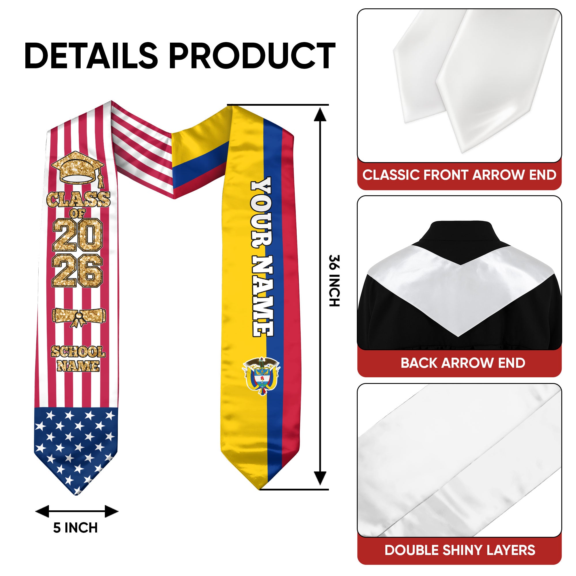 Customized Colombia Graduation Stole Featuring Colombian Flag Accent, Graduation Sash 2026, Class of 2026