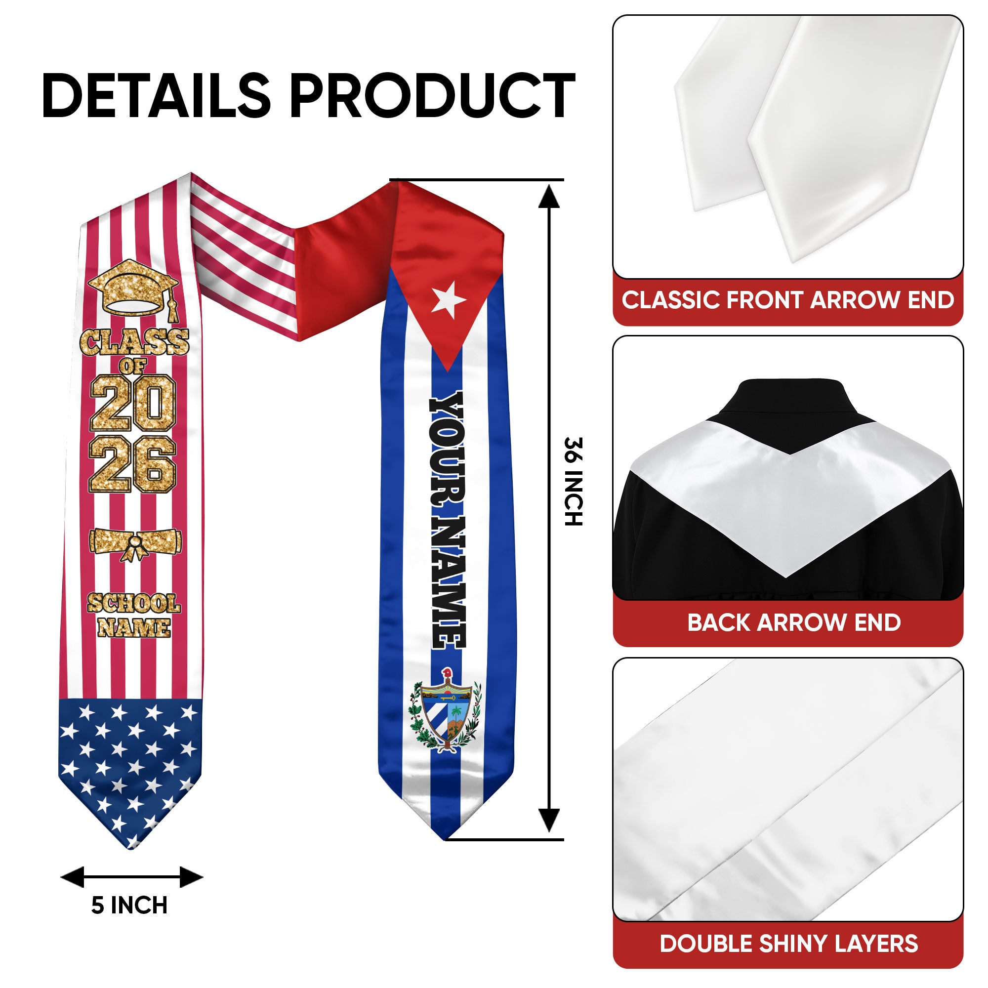 Customized Cuba Graduation Stole with Cuban Flag Highlight, Graduation Sash 2026, Class of 2026