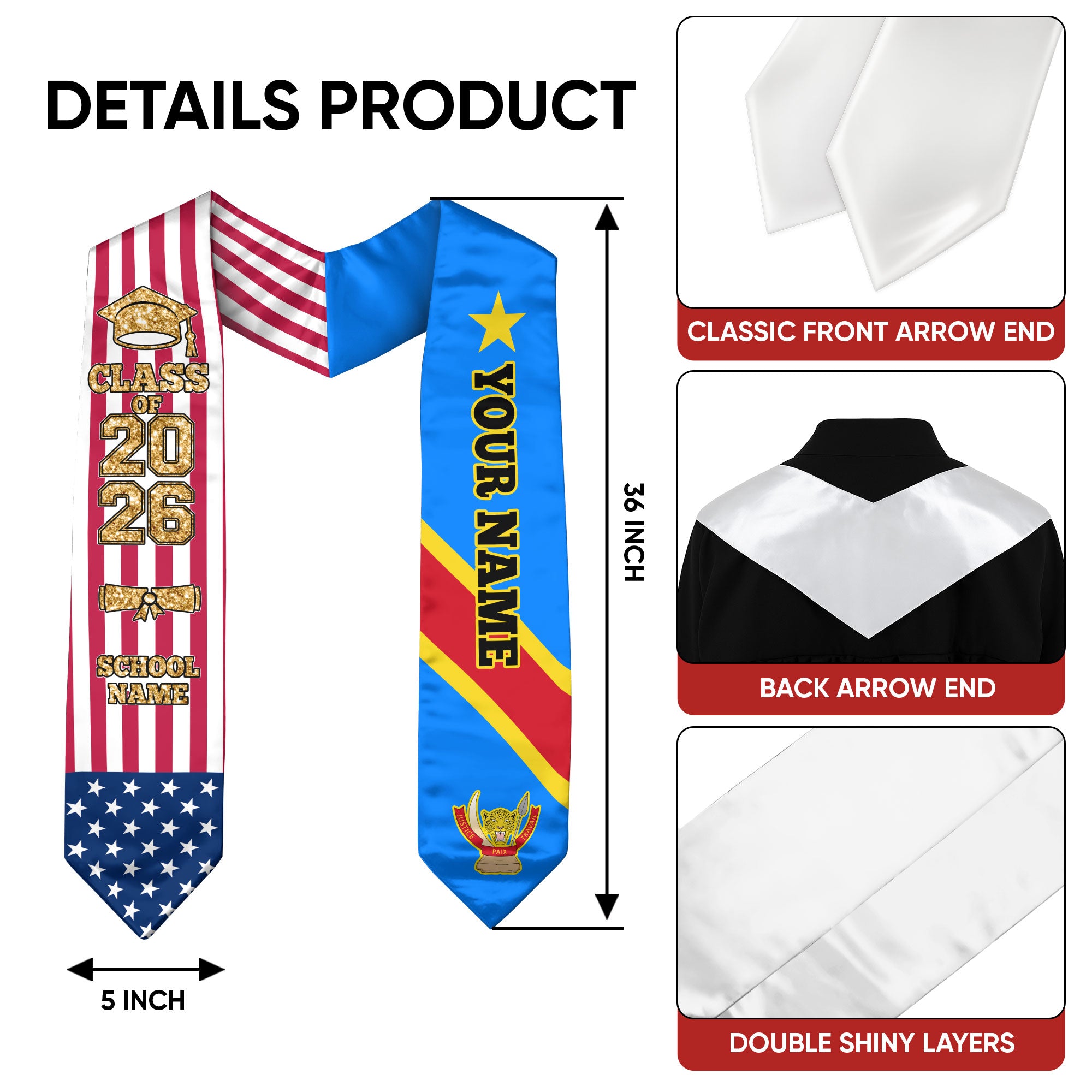 Customized DR Congo Graduation Stole Featuring National Flag Colors, Graduation Sash 2026, Class of 2026