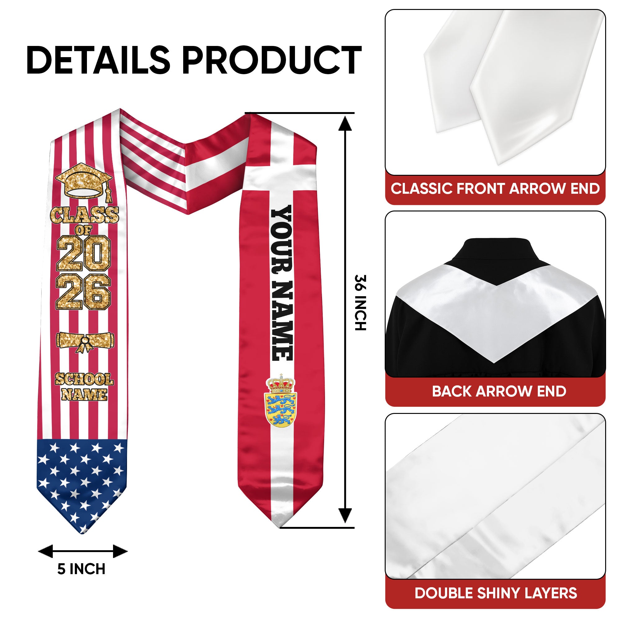 Customized Denmark Graduation Stole Featuring Danish Flag Design, Graduation Sash 2026, Class of 2026
