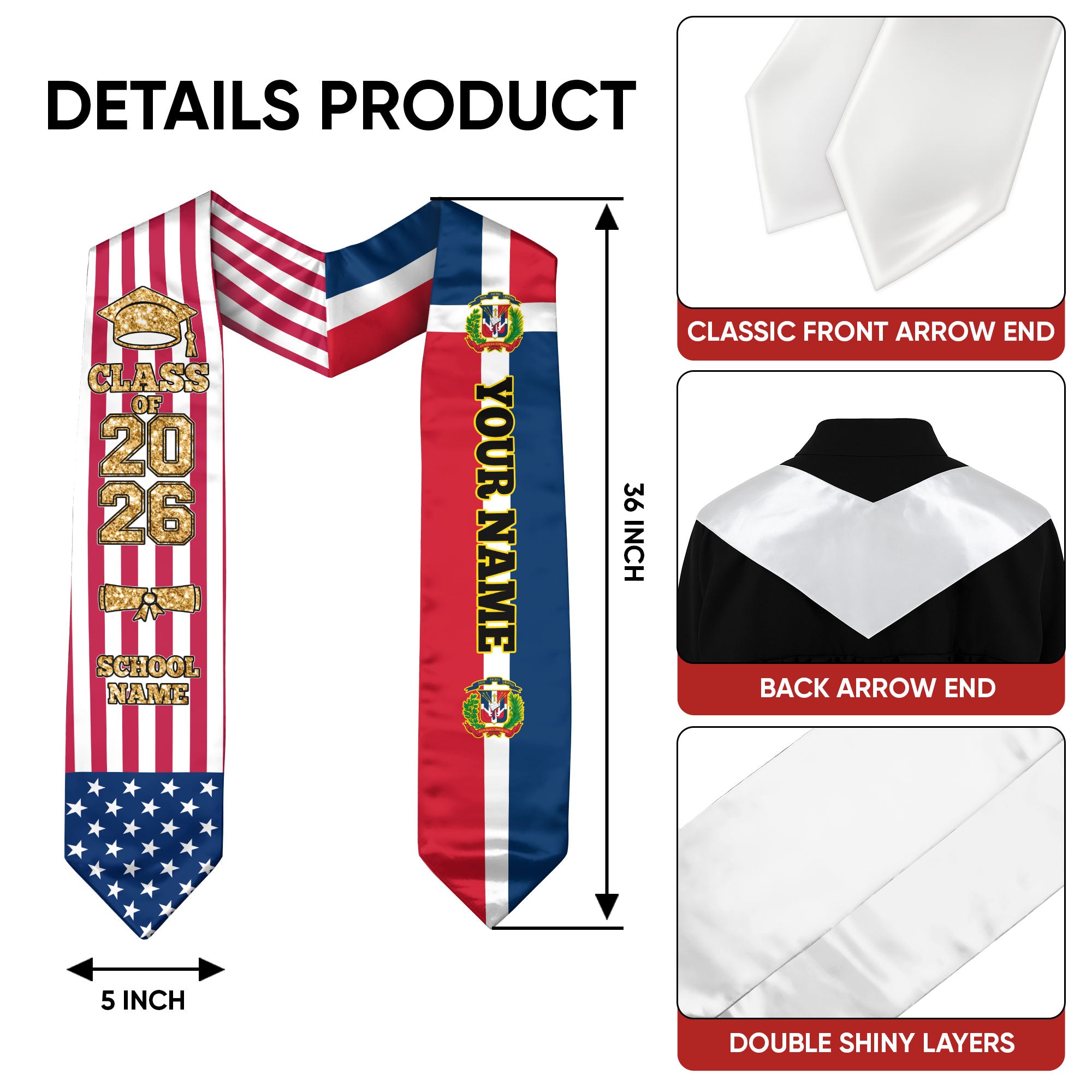 Customized Dominican Republic Graduation Stole with National Flag Accent, Graduation Sash 2026