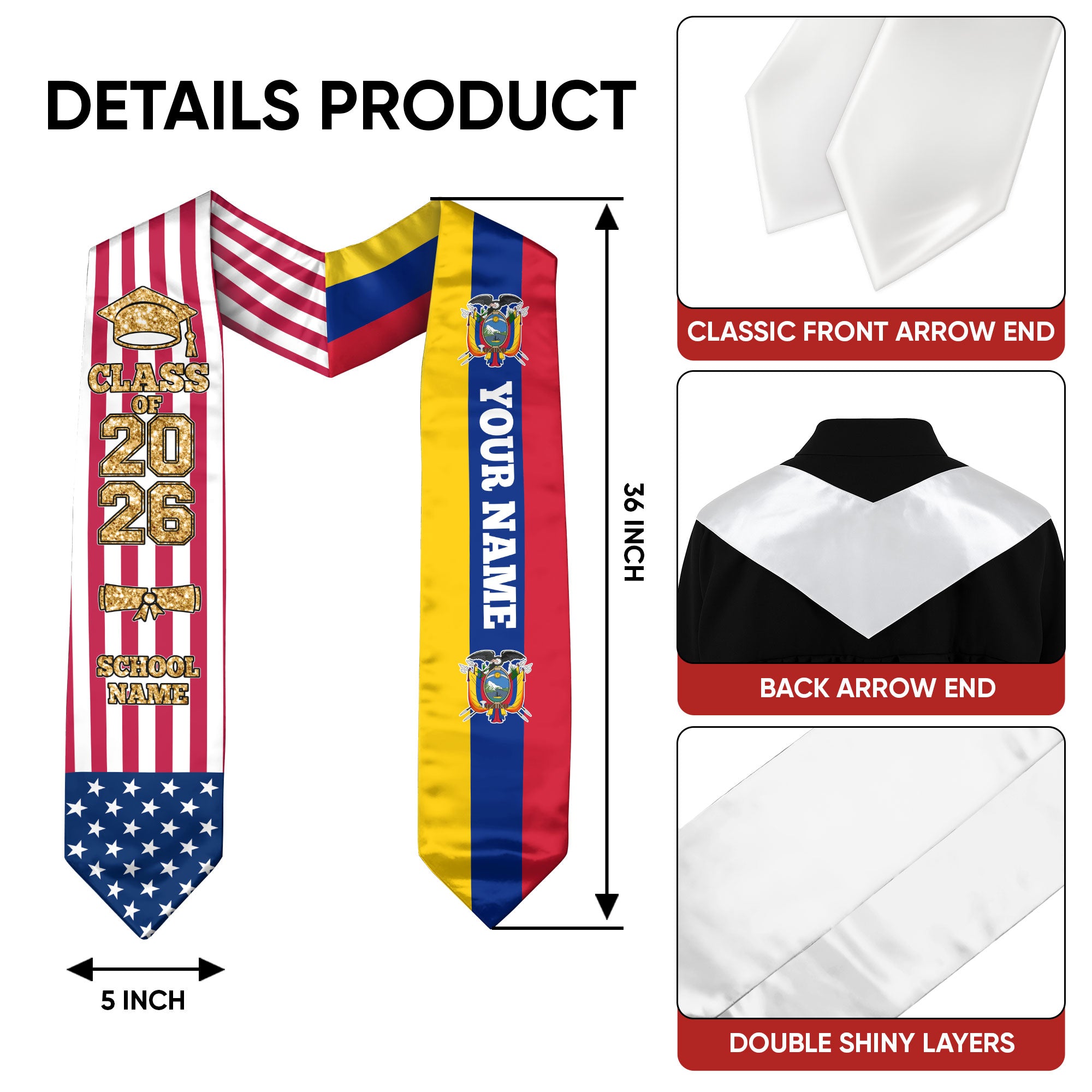 Customized Ecuador Graduation Stole with Ecuadorian Flag Detail, Graduation Sash 2026, Class of 2026