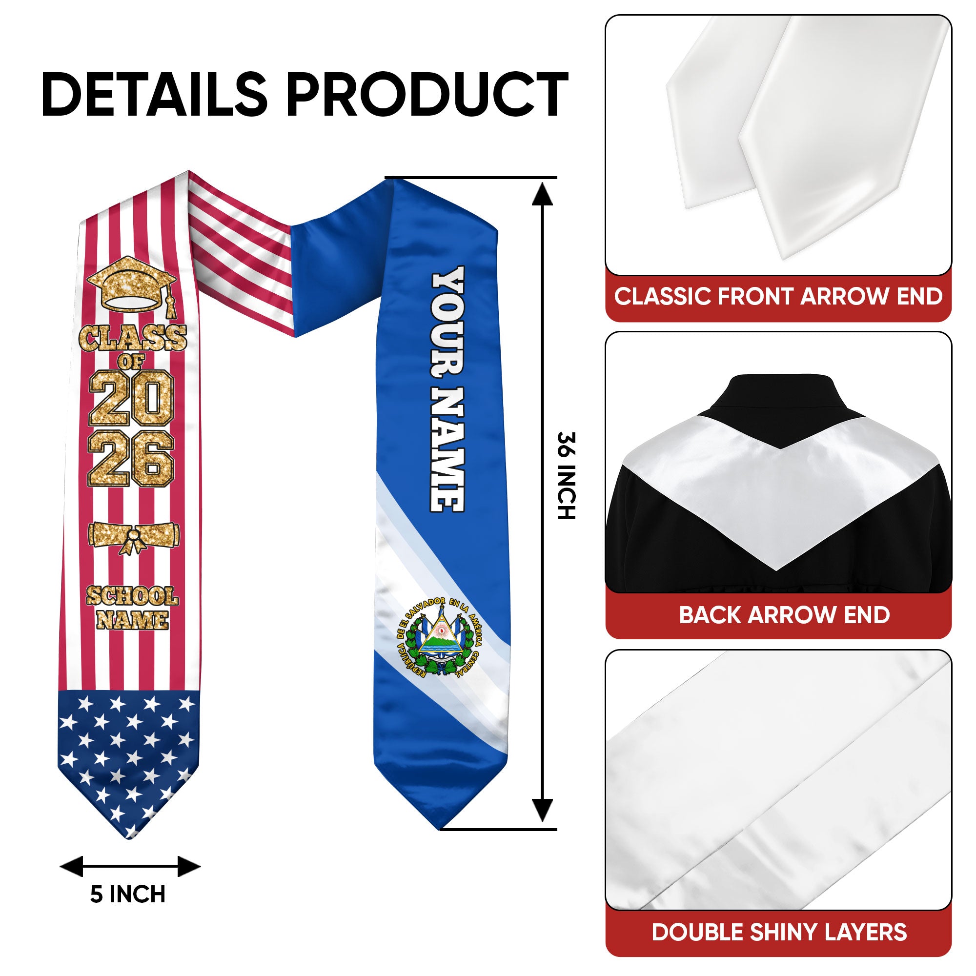 Customized El Salvador Graduation Stole Featuring Salvadoran Flag Accent, Graduation Sash 2026