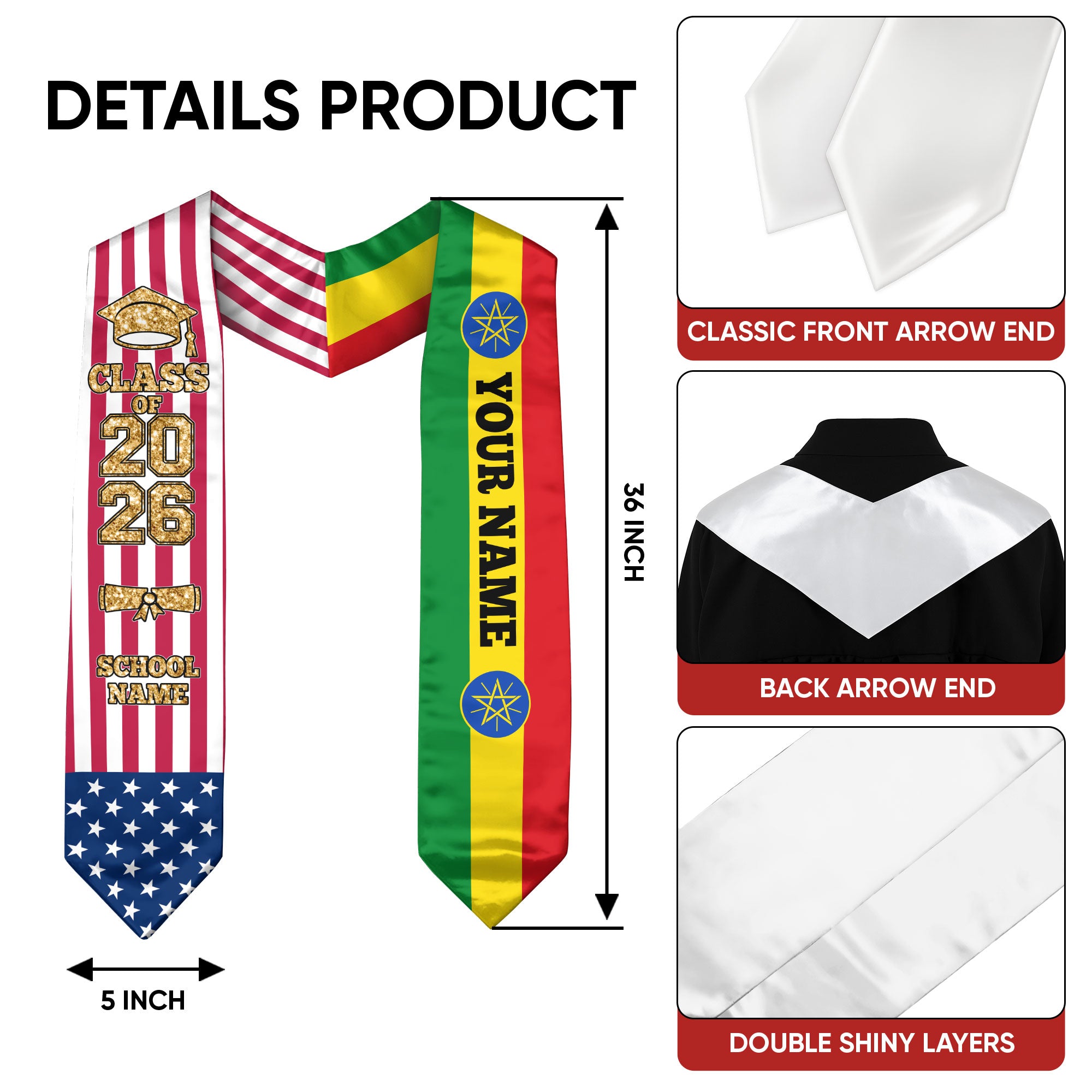 Customized Ethiopia Graduation Stole with Ethiopian Flag Feature, Graduation Sash 2026, Class of 2026