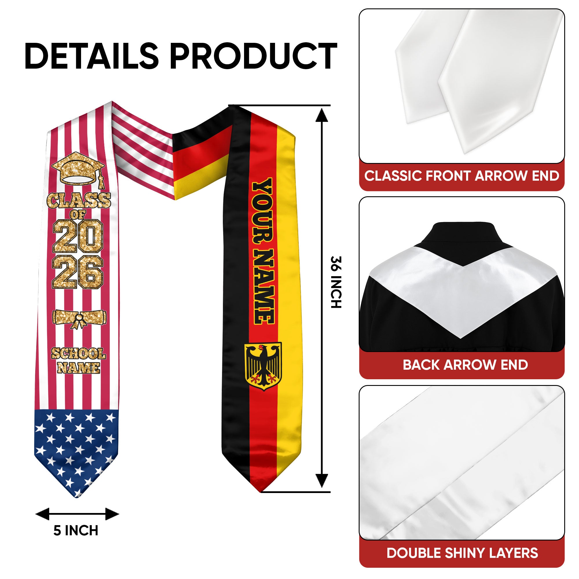 Customized Germany Graduation Stole with German Flag Accent, Graduation Sash 2026, Class of 2026