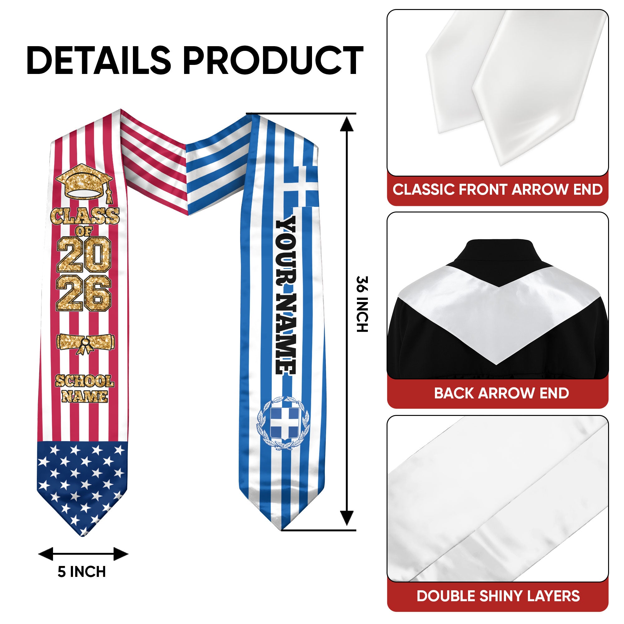 Customized Greece Graduation Stole Featuring Greek Flag Design, Graduation Sash 2026, Class of 2026