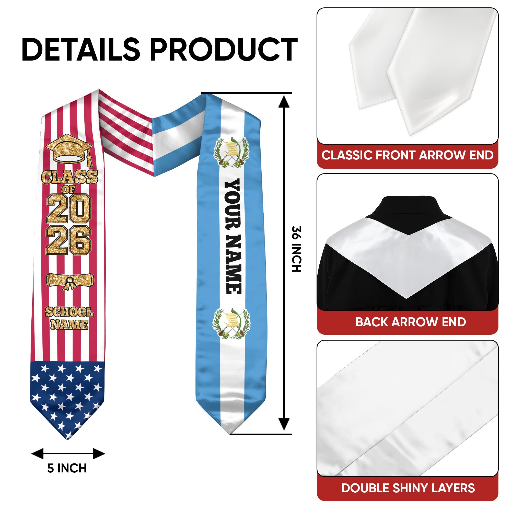 Customized Guatemala Graduation Stole with Guatemalan Flag Detail, Graduation Sash 2026