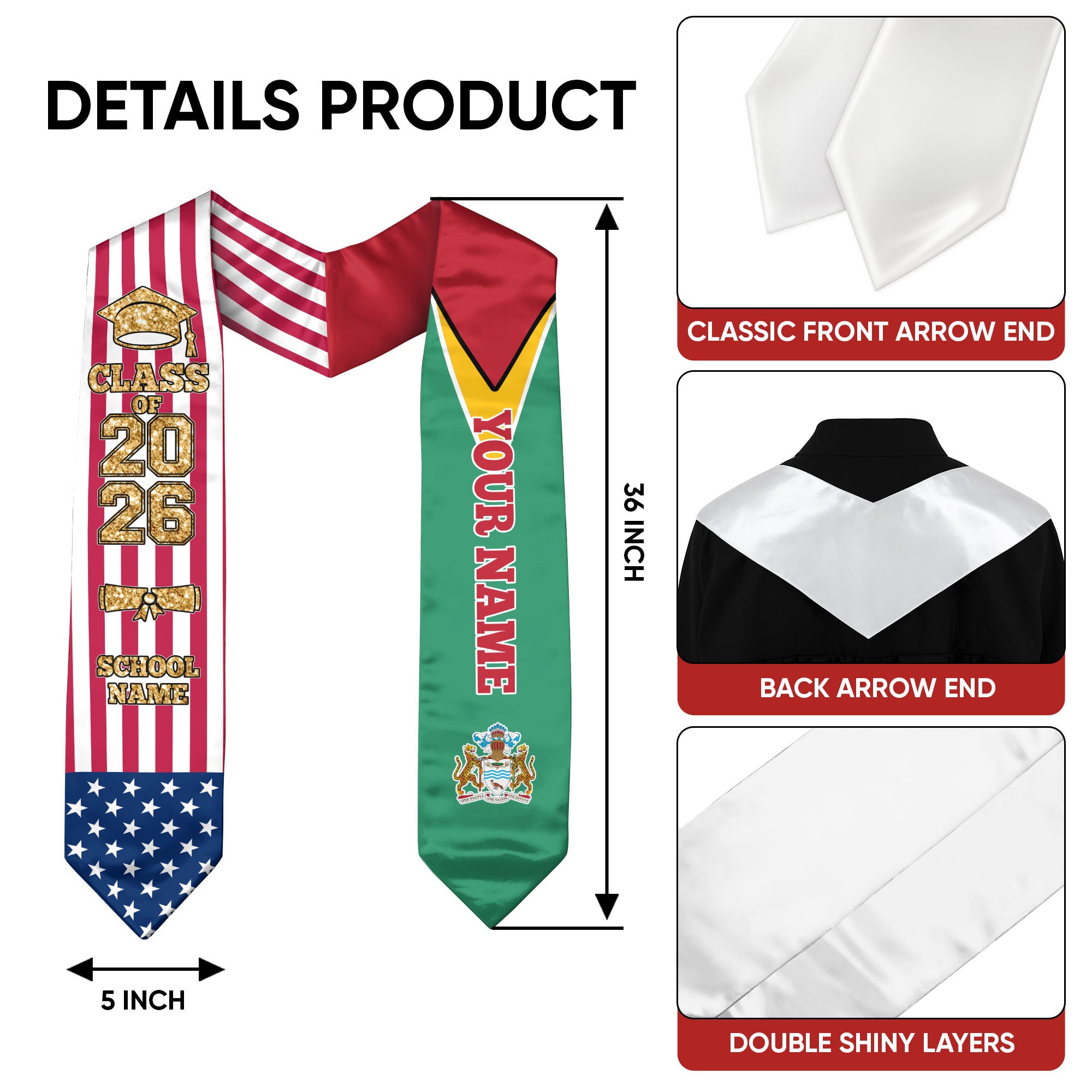 Customized Guyana Graduation Stole Featuring National Flag Accent, Graduation Sash 2026, Class of 2026
