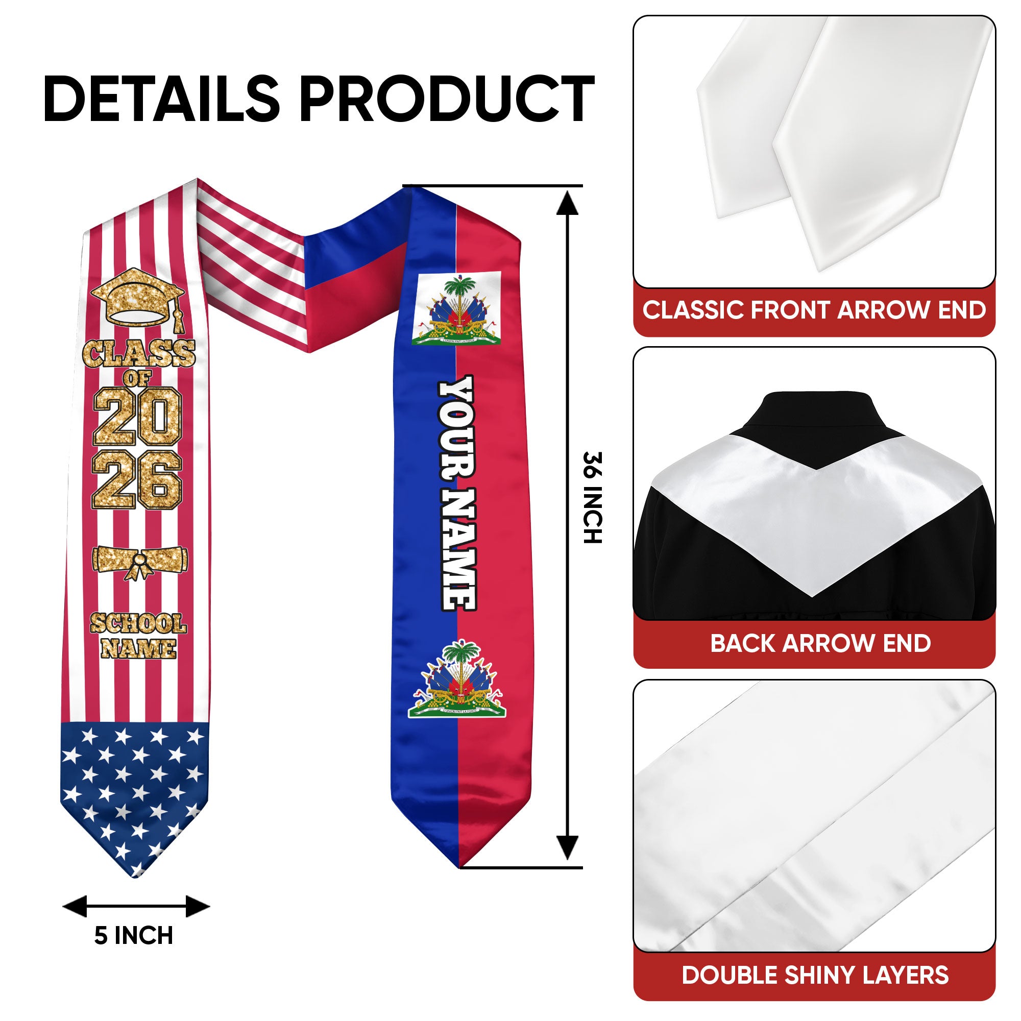 Customized Haiti Graduation Stole with Haitian Flag Feature, Graduation Sash 2026, Class of 2026