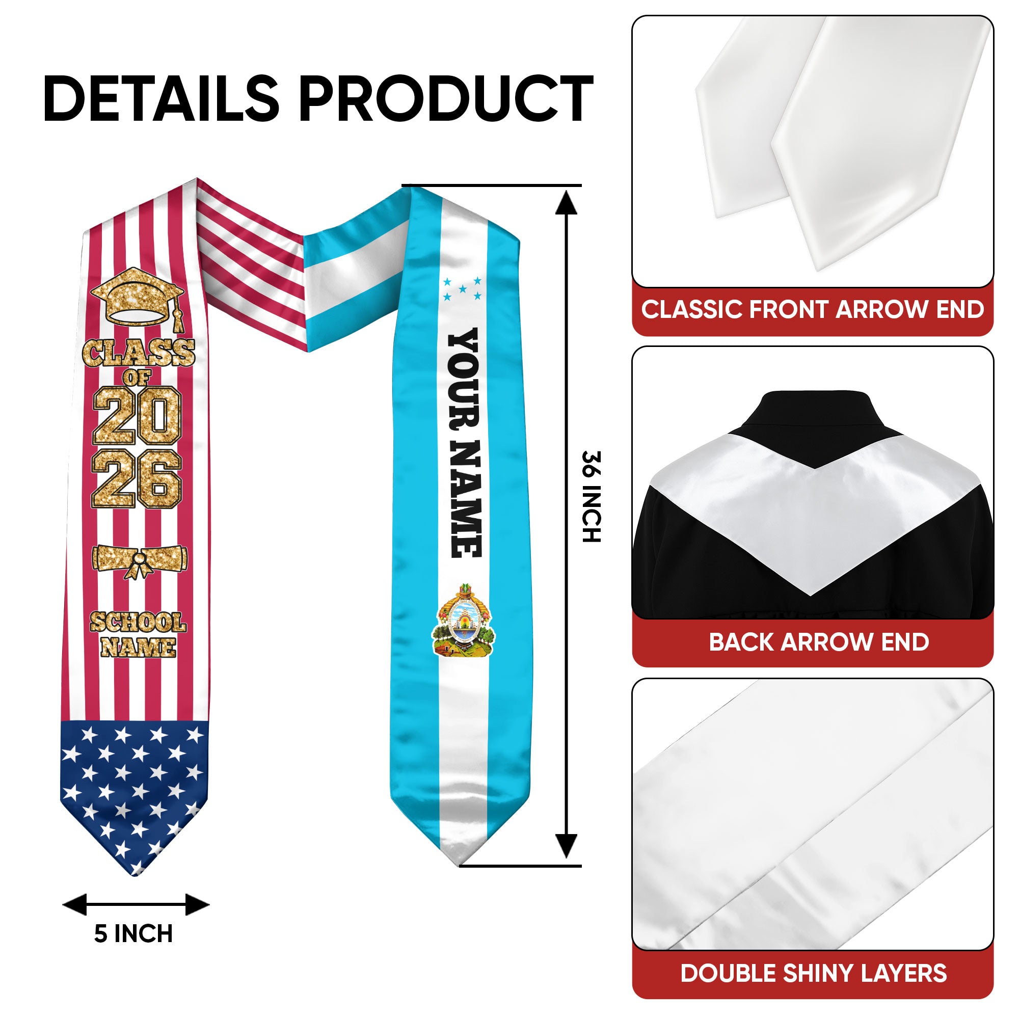 Customized Honduras Graduation Stole Featuring Honduran Flag Design, Graduation Sash 2026