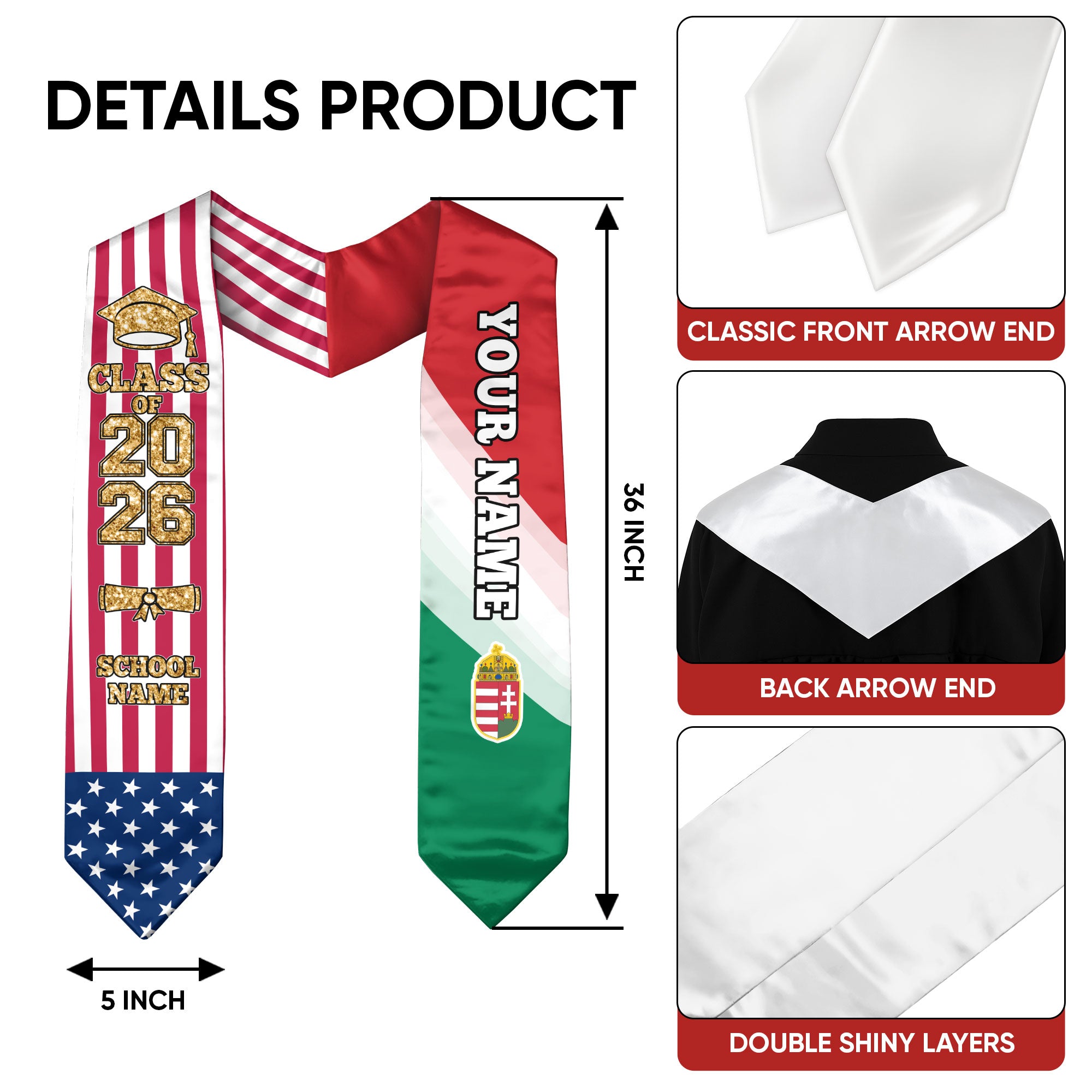 Customized Hungary Graduation Stole with National Flag Accent, Graduation Sash 2026, Class of 2026