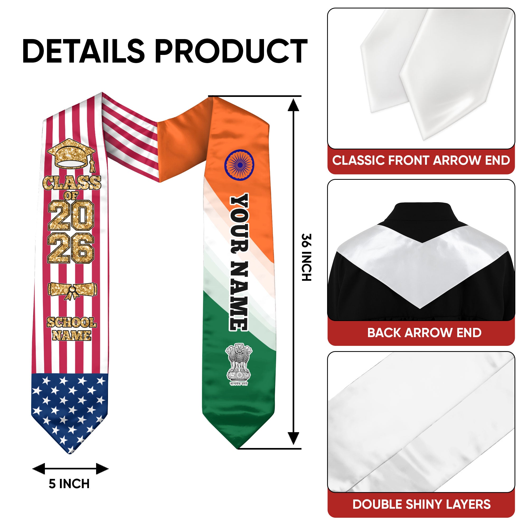 Customized India Graduation Stole Featuring Indian Flag Colors, Graduation Sash 2026, Class of 2026