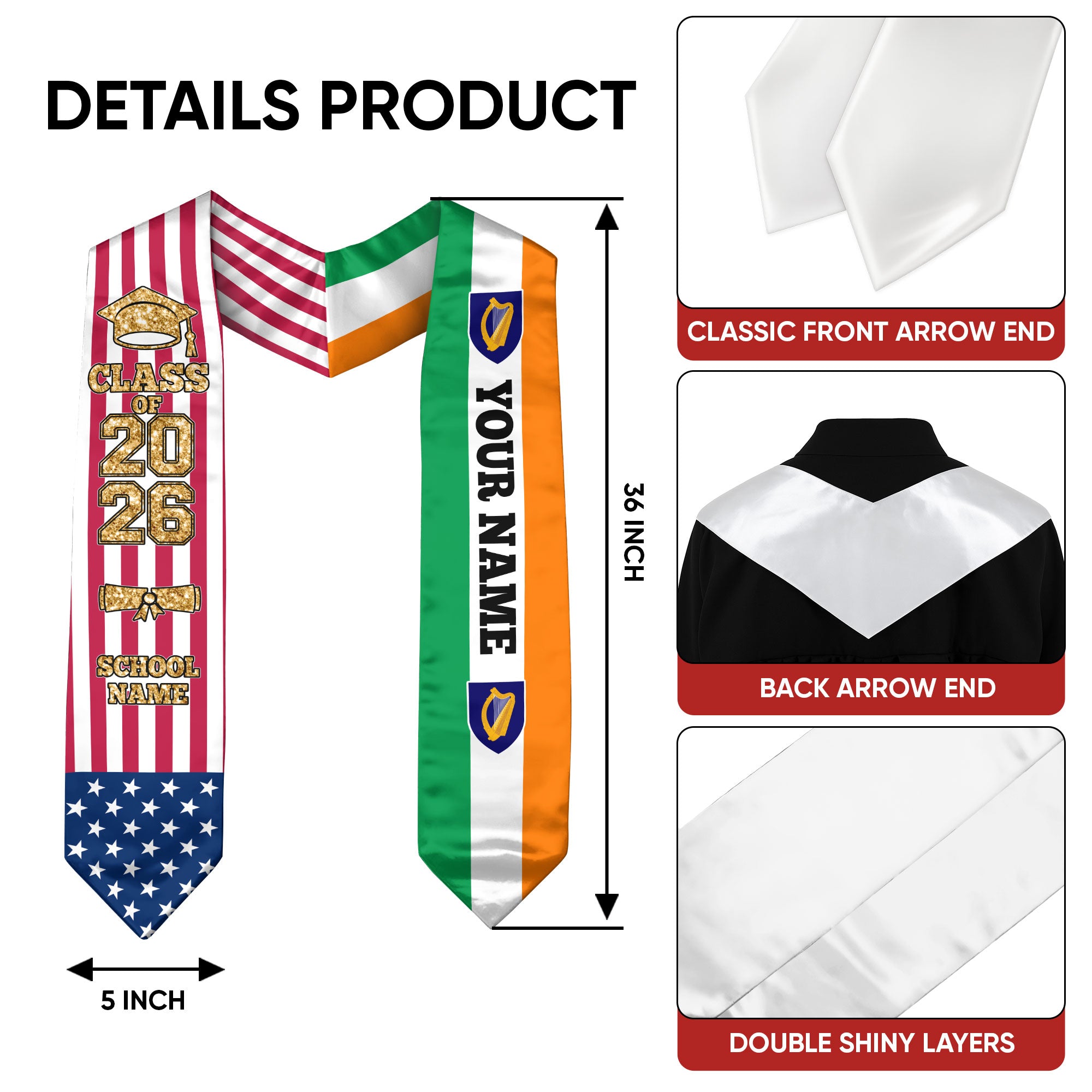 Customized Ireland Graduation Stole with Irish Flag Detail, Graduation Sash 2026, Class of 2026