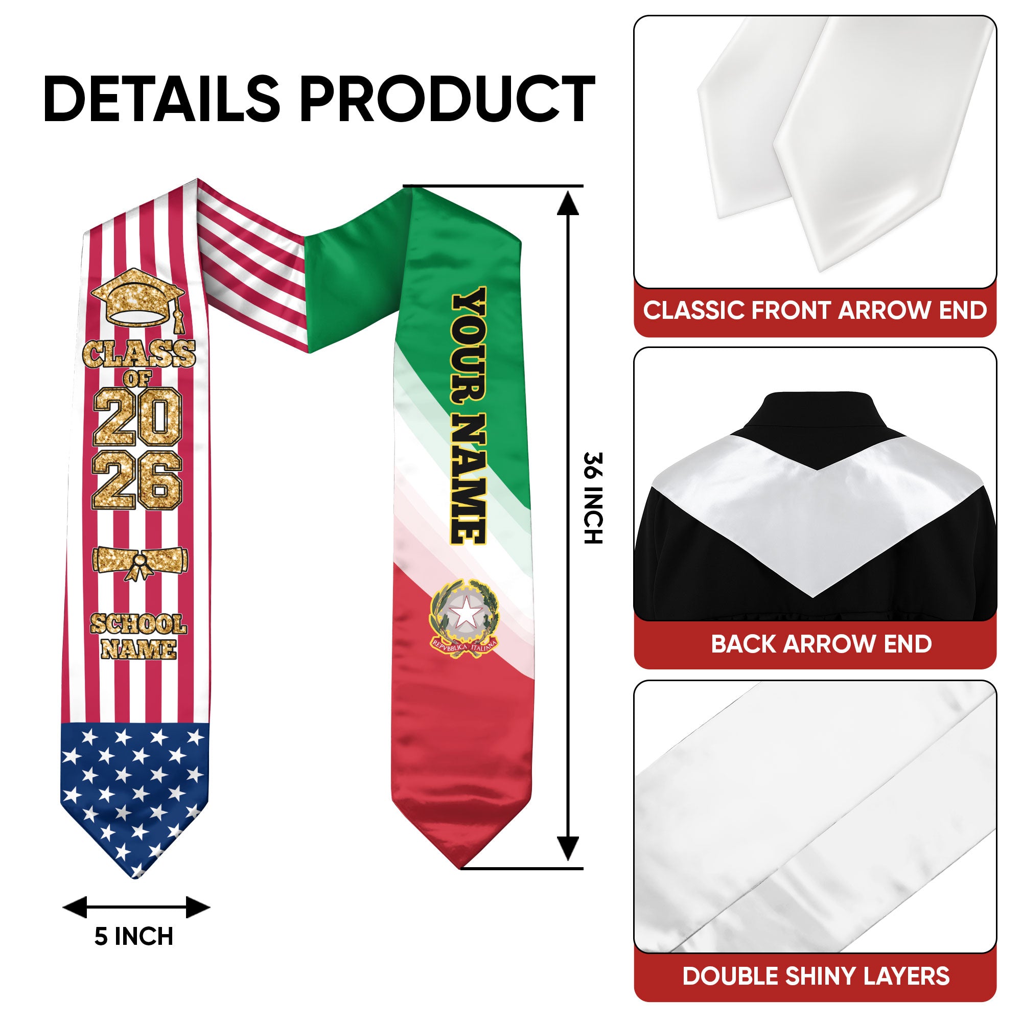 Customized Italy Graduation Stole Featuring Italian Flag Accent, Graduation Sash 2026, Class of 2026