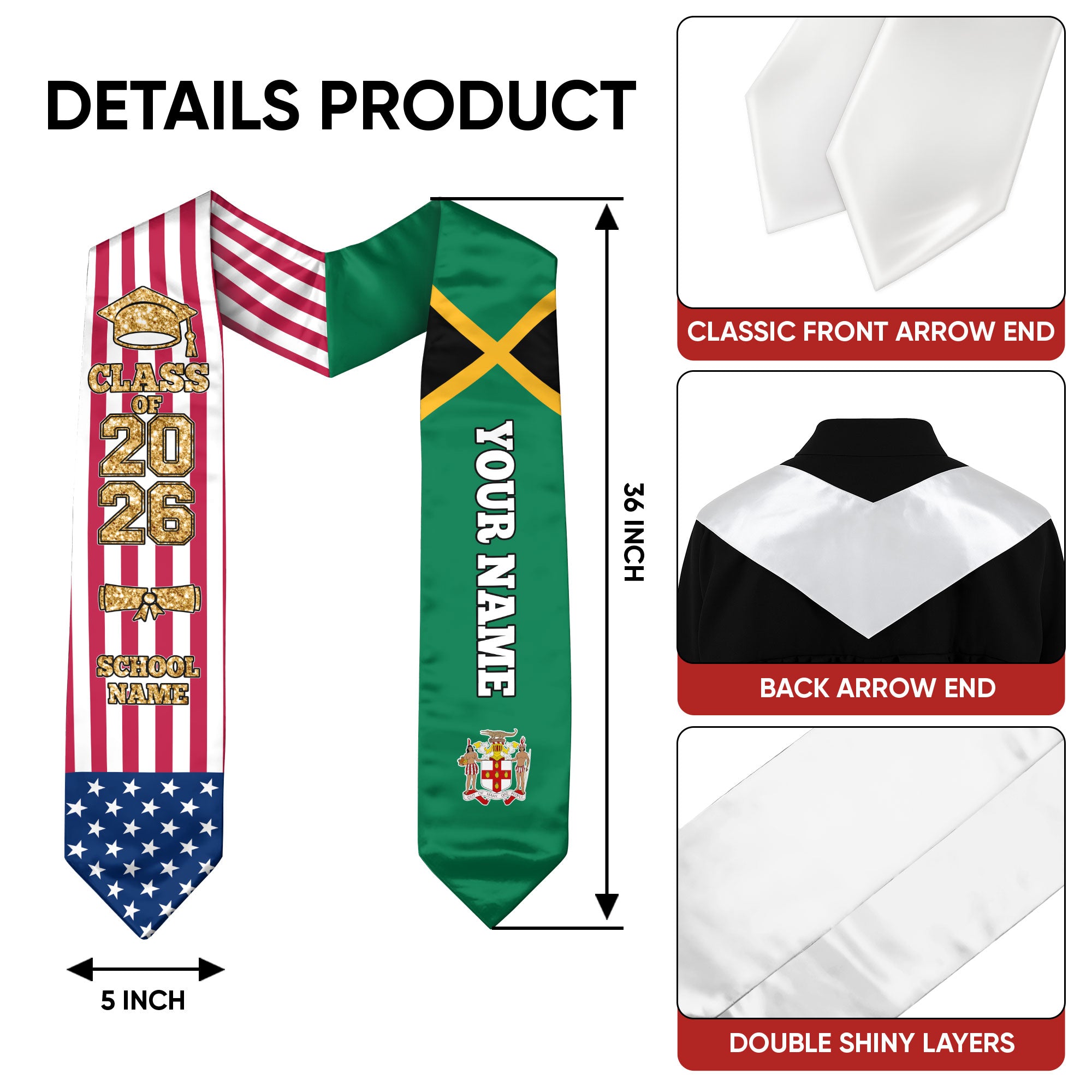Customized Jamaica Graduation Stole with Jamaican Flag Highlight, Graduation Sash 2026