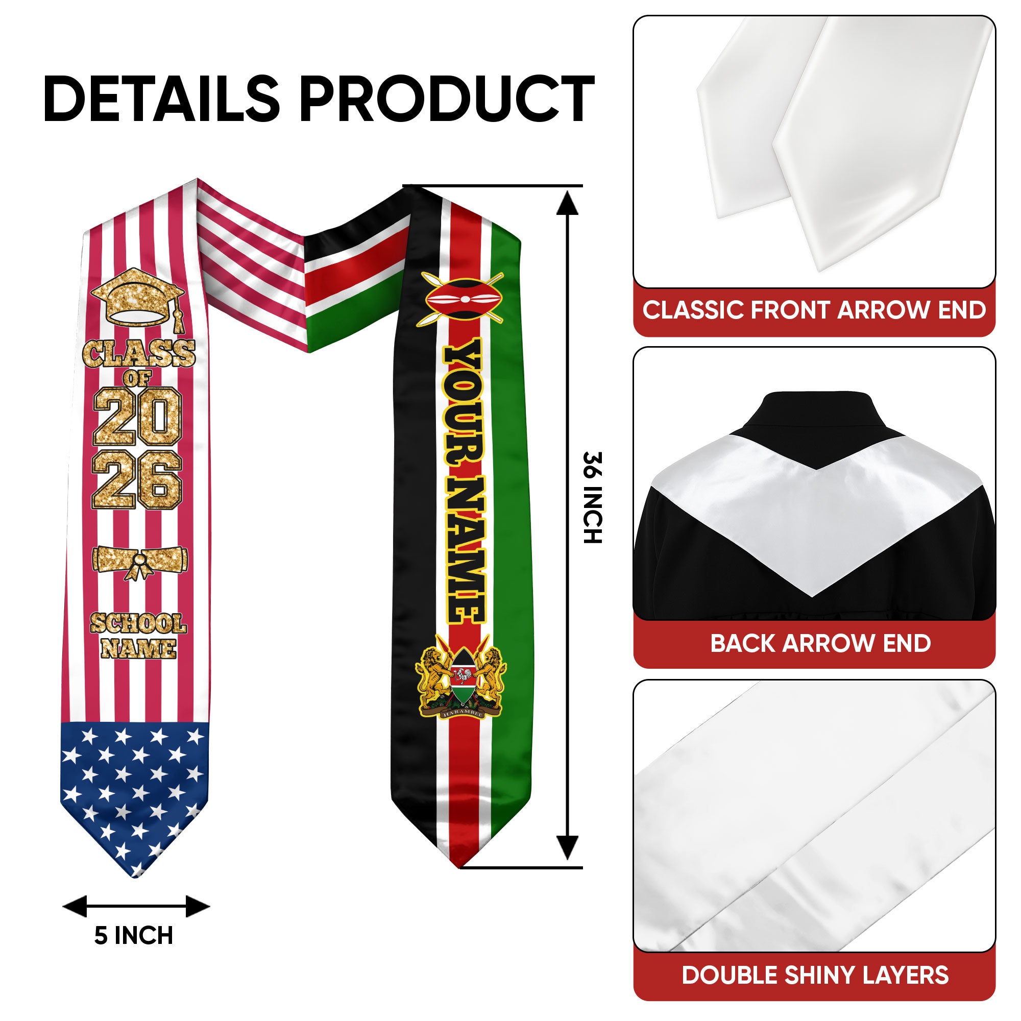 Customized Kenya Graduation Stole Featuring Kenyan Flag Design, Graduation Sash 2026, Class of 2026