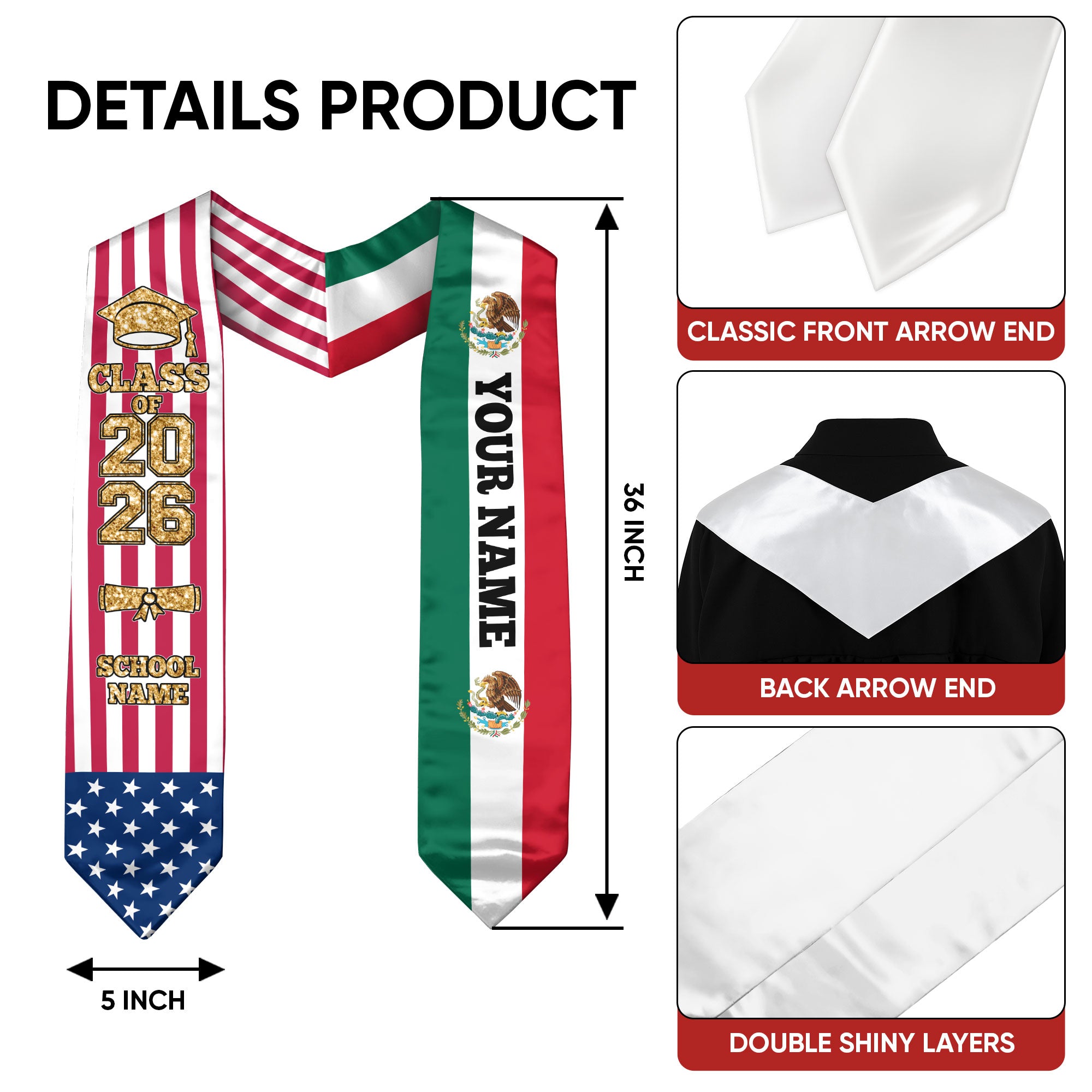 Customized Mexico Graduation Stole with Mexican Flag Accent, Graduation Sash 2026, Class of 2026