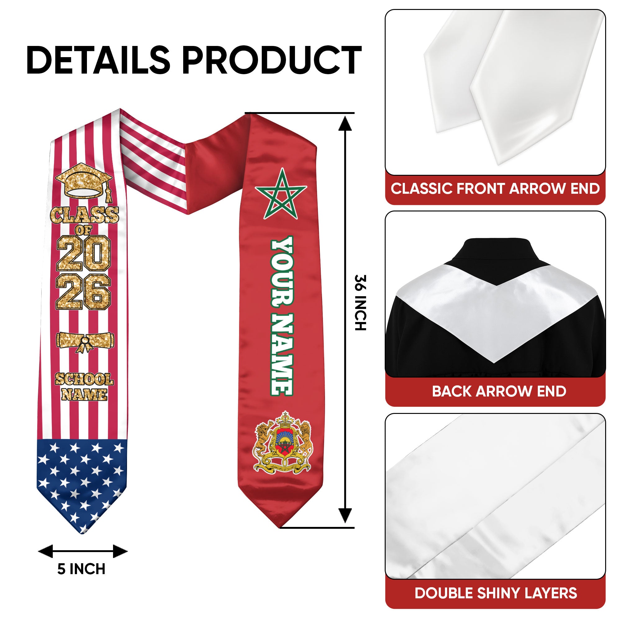 Customized Morocco Graduation Stole Featuring Moroccan Flag Detail, Graduation Sash 2026, Class of 2026