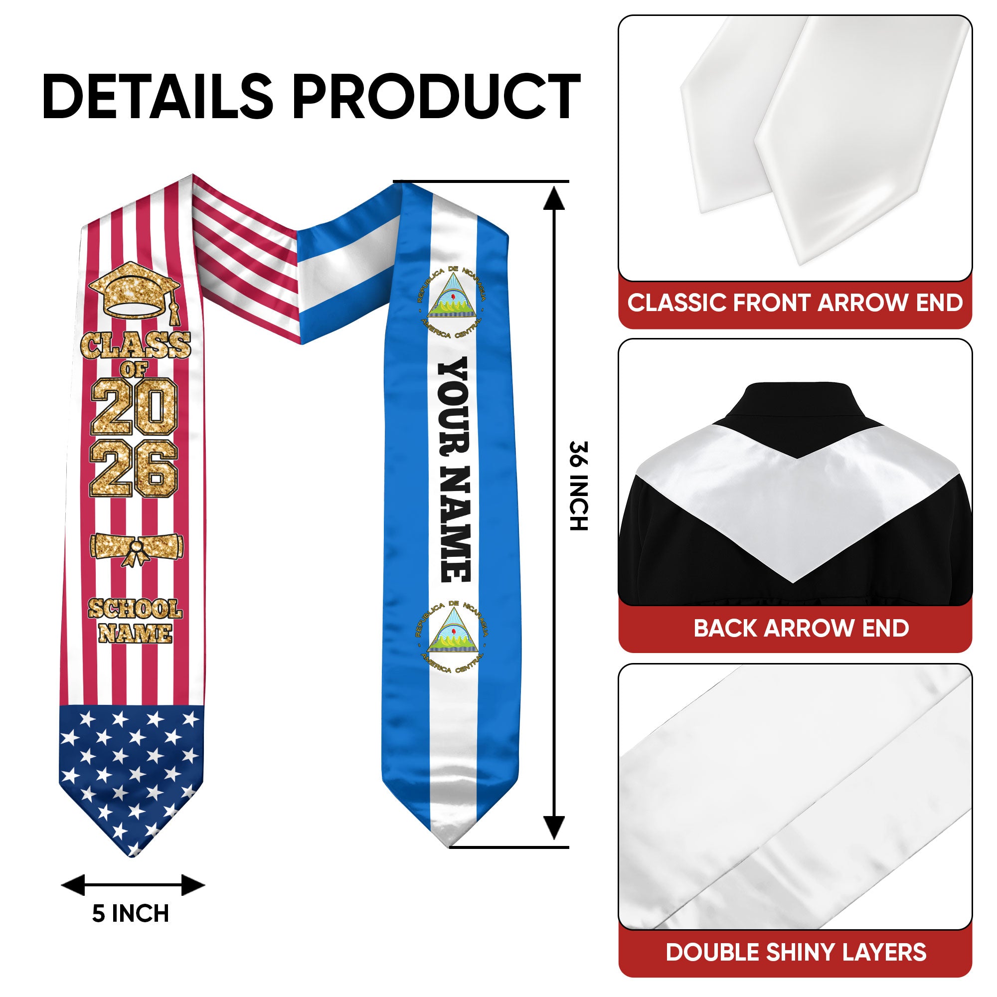 Customized Nicaragua Graduation Stole Featuring National Flag Accent, Graduation Sash 2026