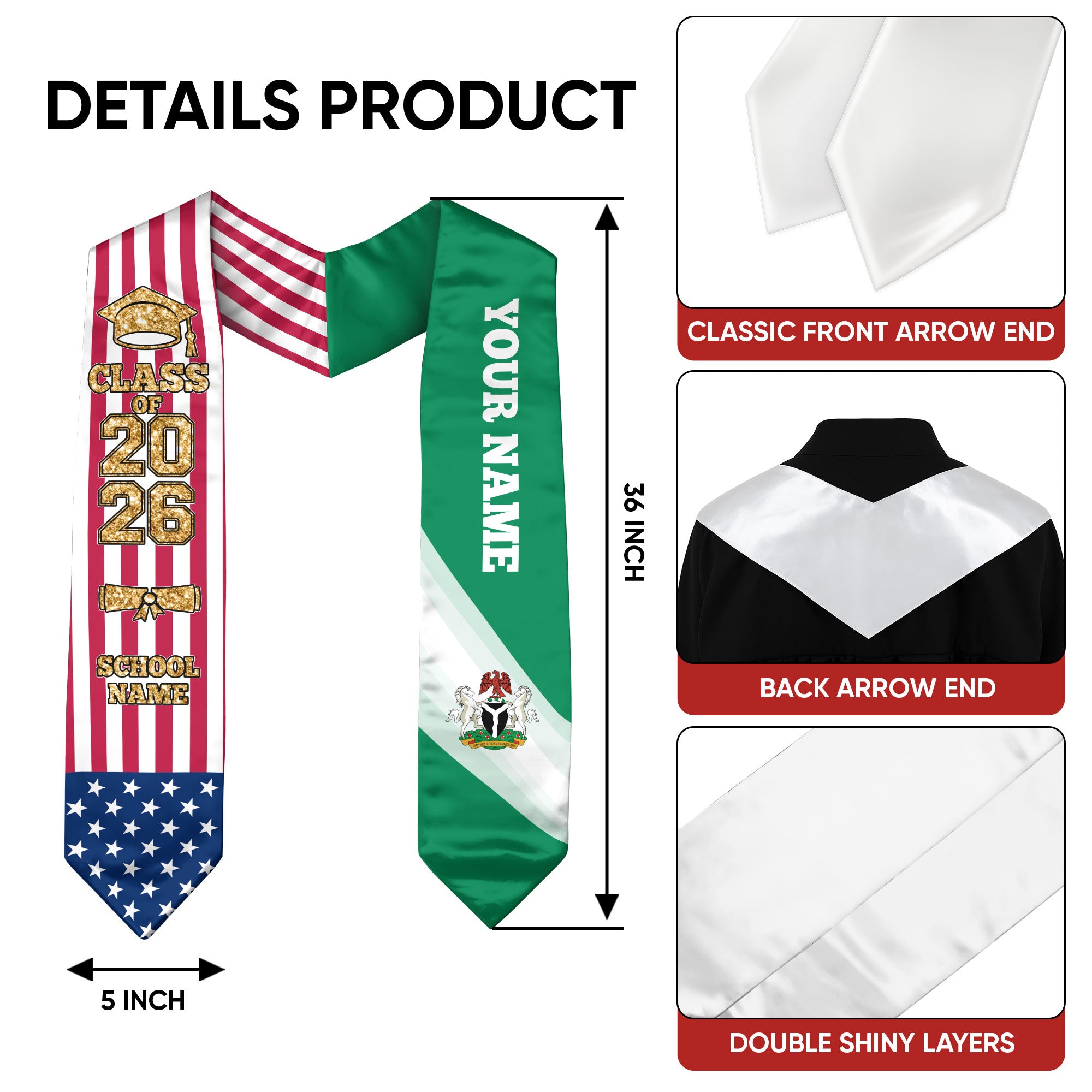 Customized Nigeria Graduation Stole with Nigerian Flag Highlight, Graduation Sash 2026, Class of 2026