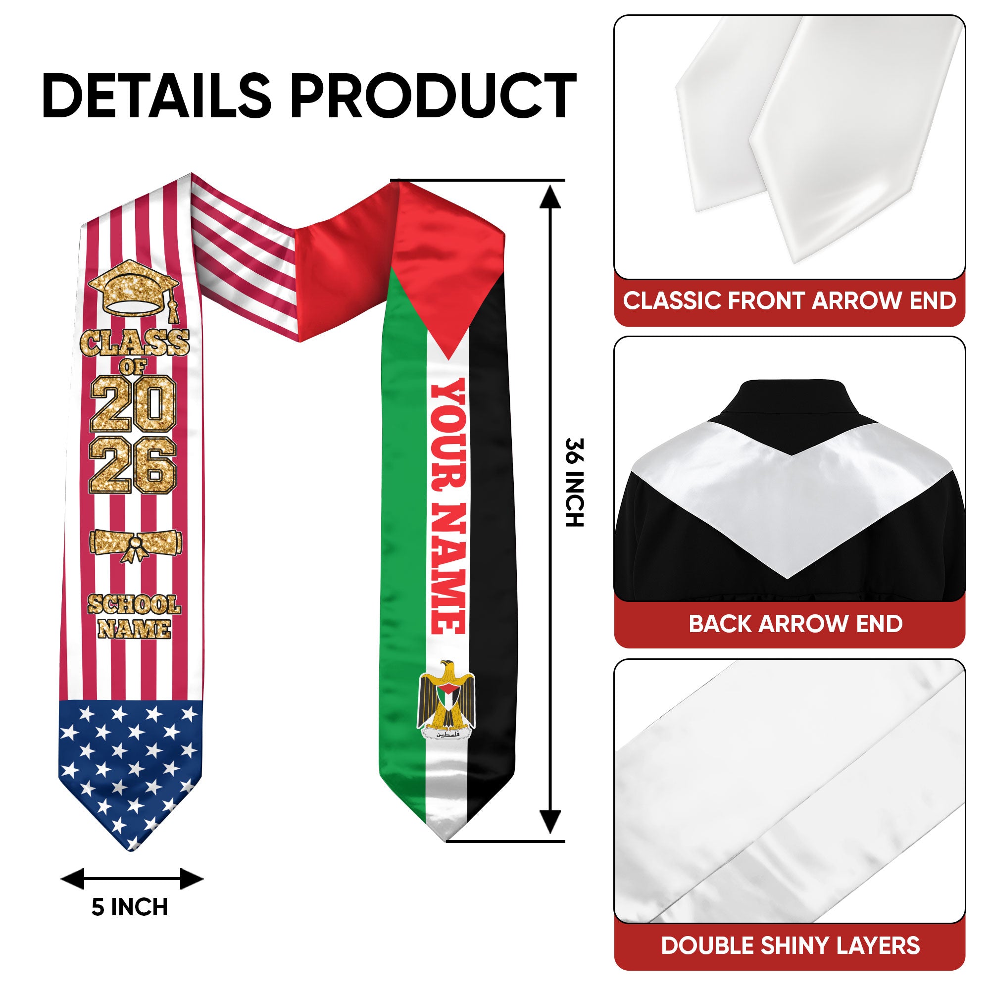 Customized Palestine Graduation Stole Featuring National Flag Colors, Graduation Sash 2026, Class of 2026