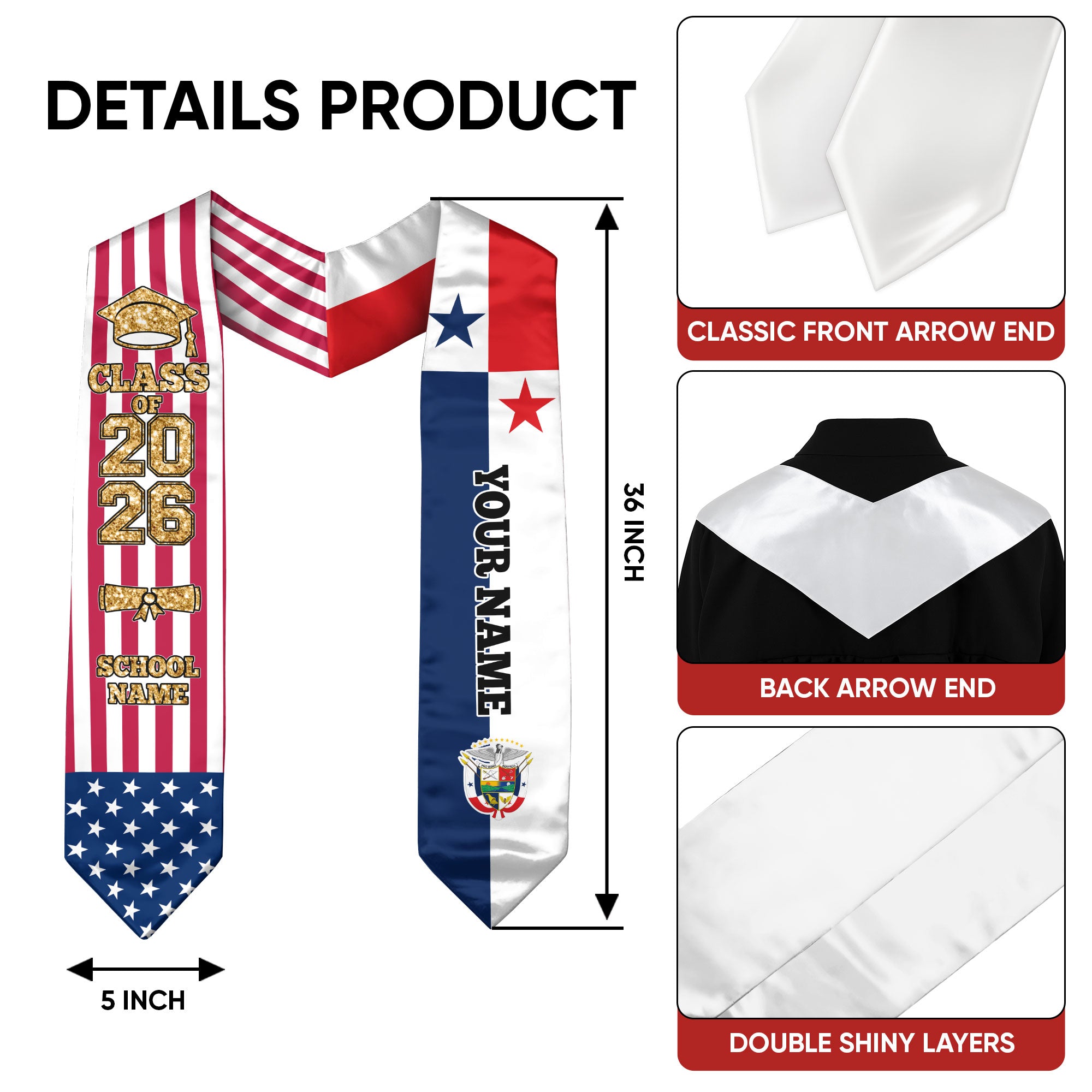 Customized Panama Graduation Stole with Panamanian Flag Detail, Graduation Sash 2026