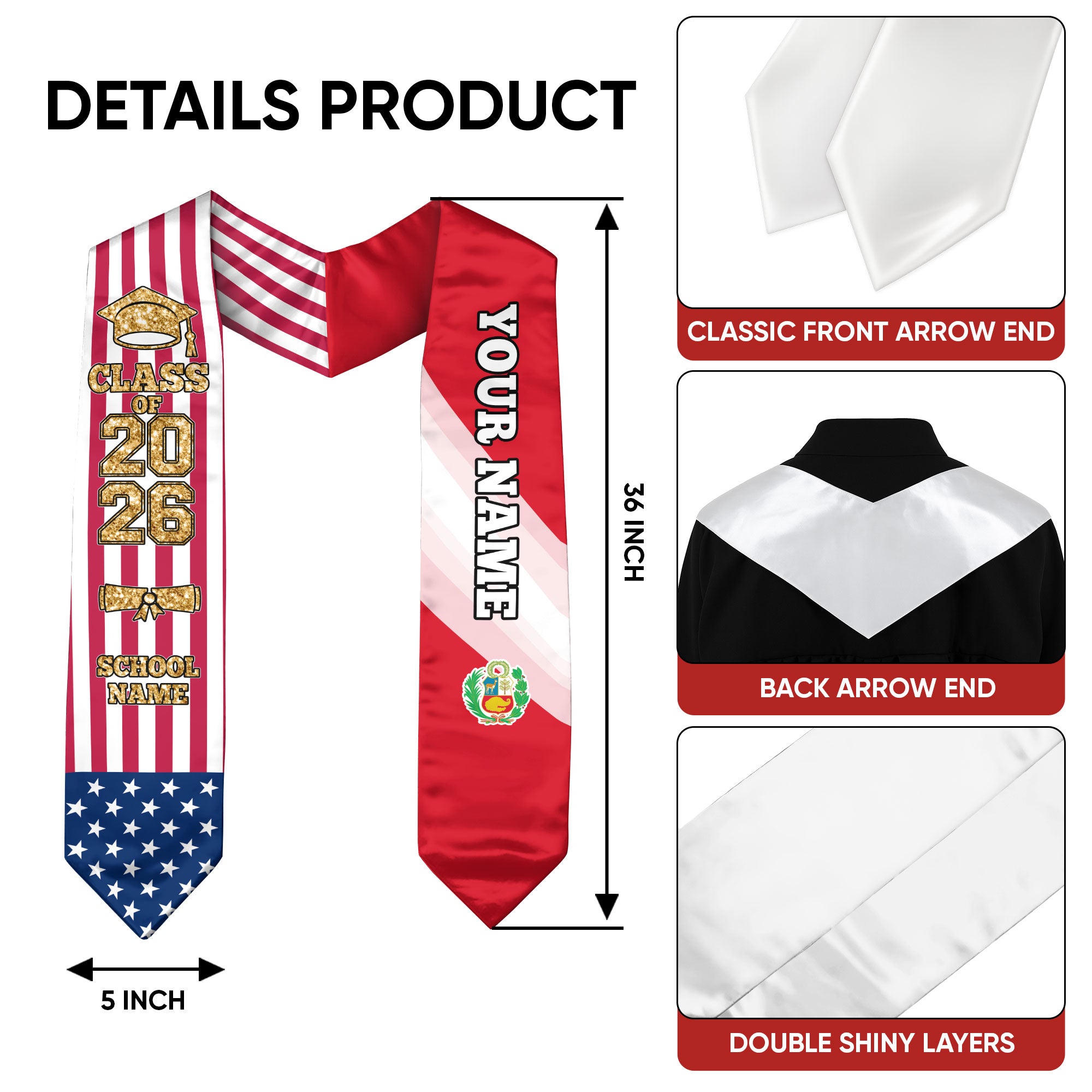 Customized Peru Graduation Stole Featuring Peruvian Flag Accent, Graduation Sash 2026, Class of 2026