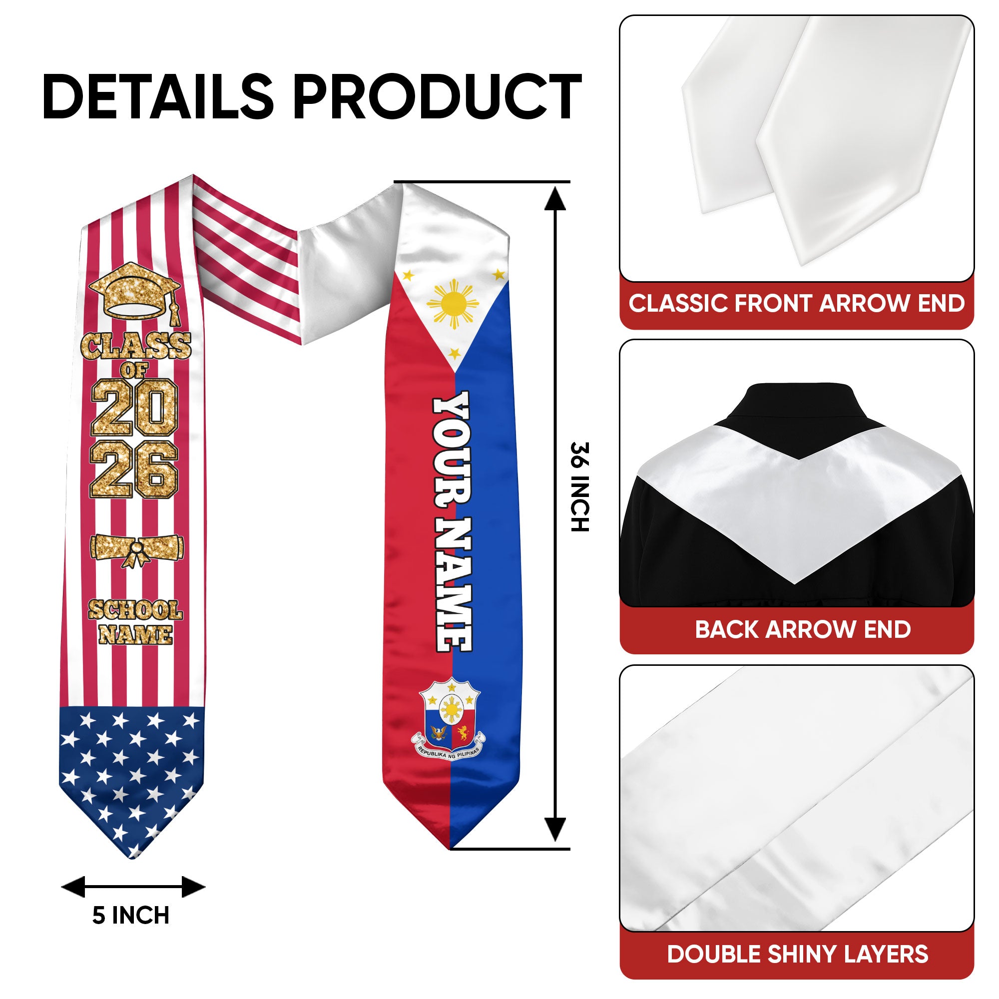 Customized Philippines Graduation Stole with Filipino Flag Feature, Graduation Sash 2026, Class of 2026