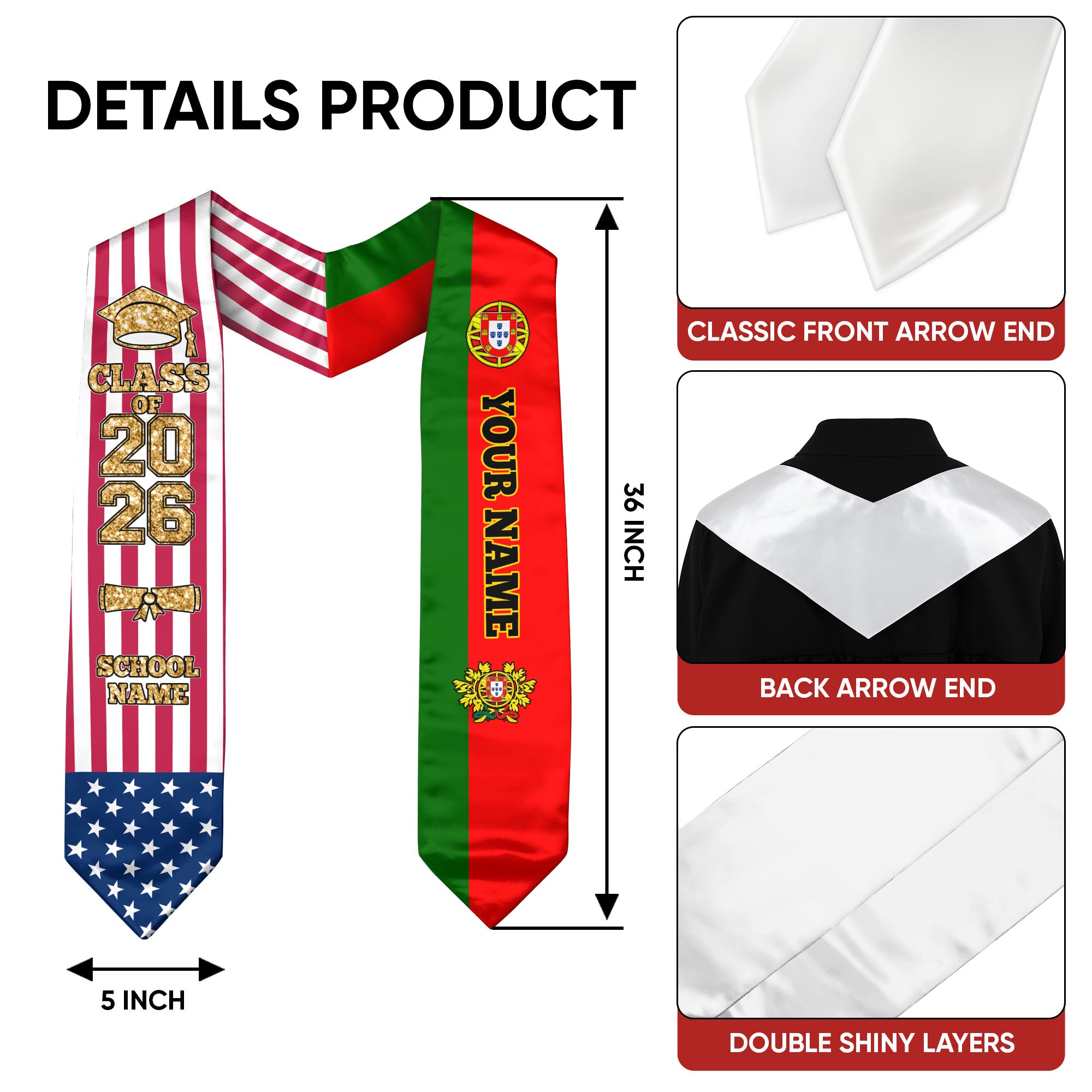 Customized Portugal Graduation Stole Featuring Portuguese Flag Accent, Graduation Sash 2026, Class of 2026