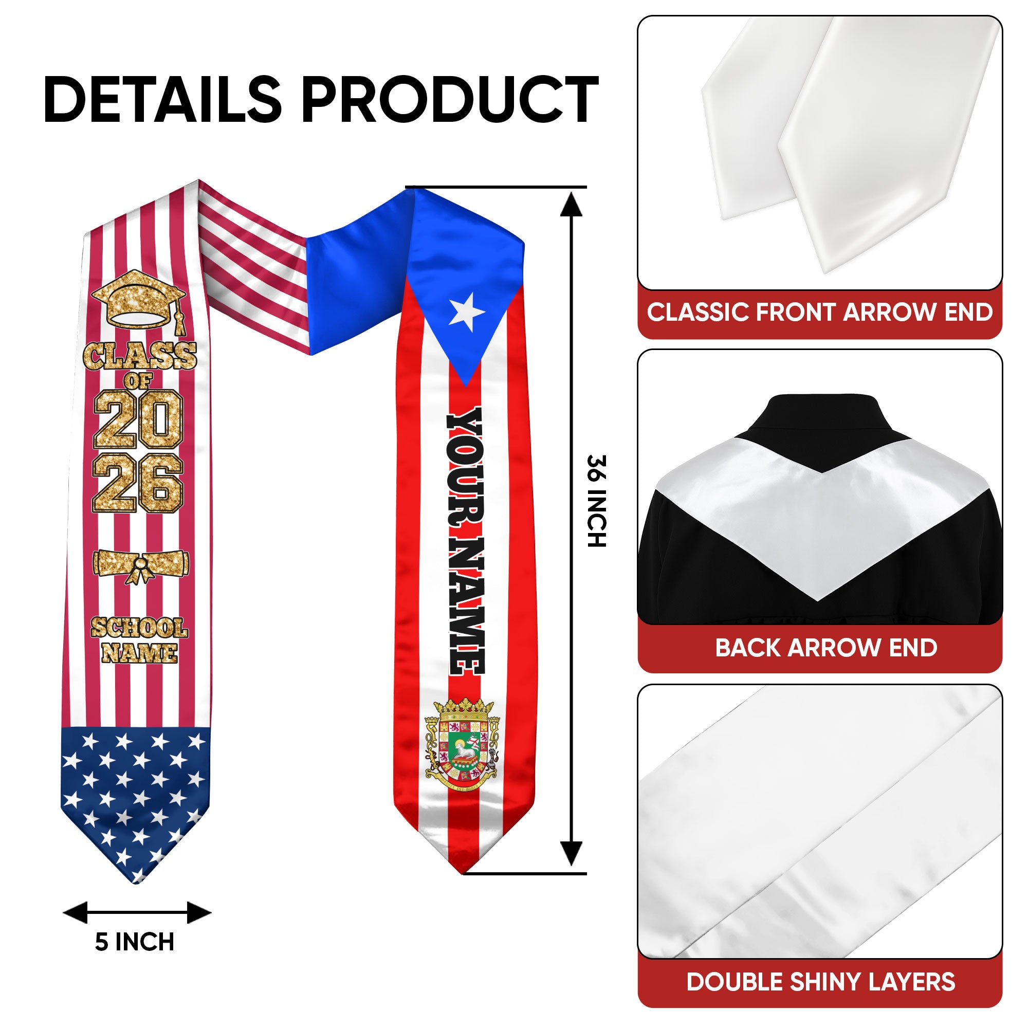 Customized Puerto Rico Graduation Stole with Island Flag Highlight, Graduation Sash 2026, Class of 2026