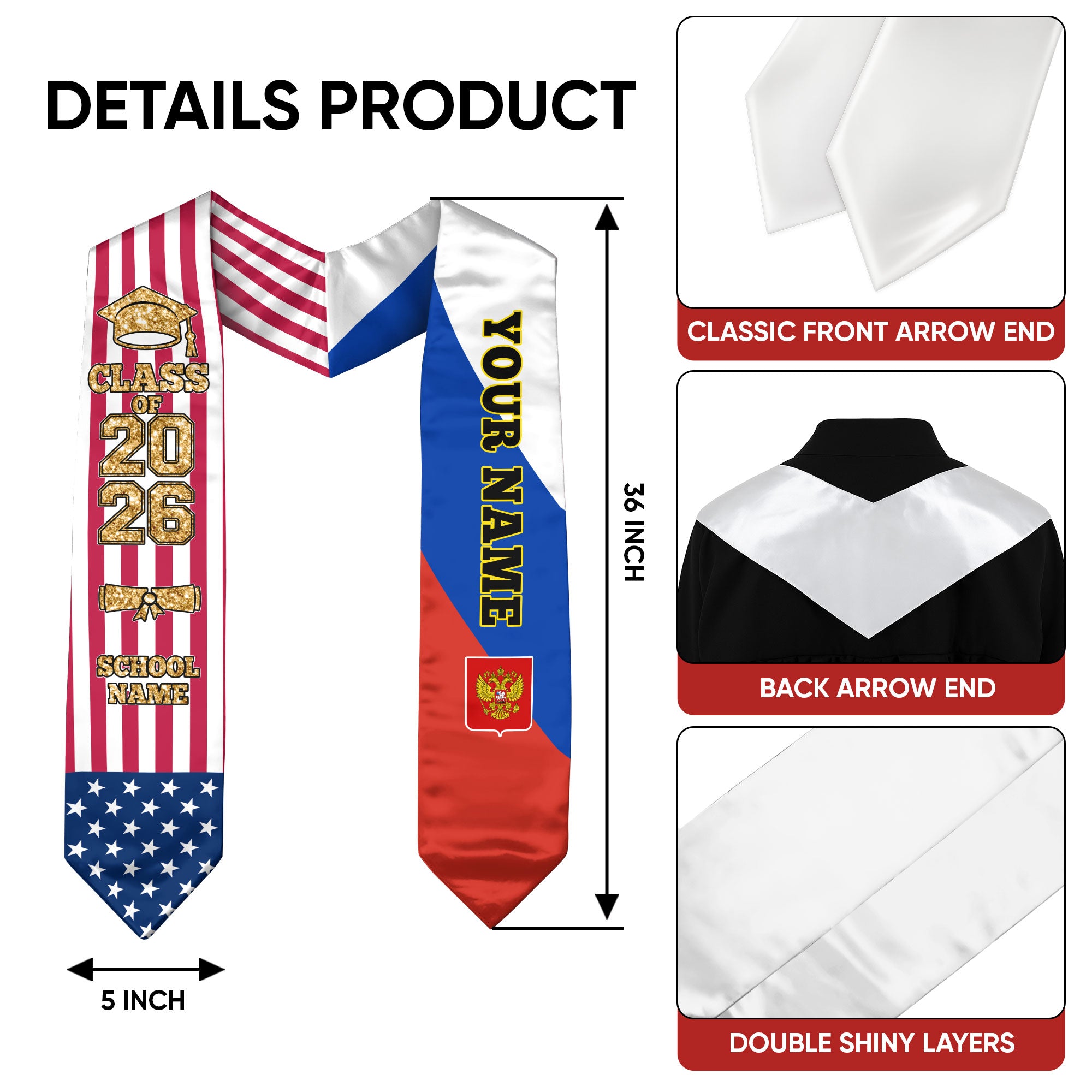 Customized Russia Graduation Stole Featuring National Flag Design, Graduation Sash 2026, Class of 2026