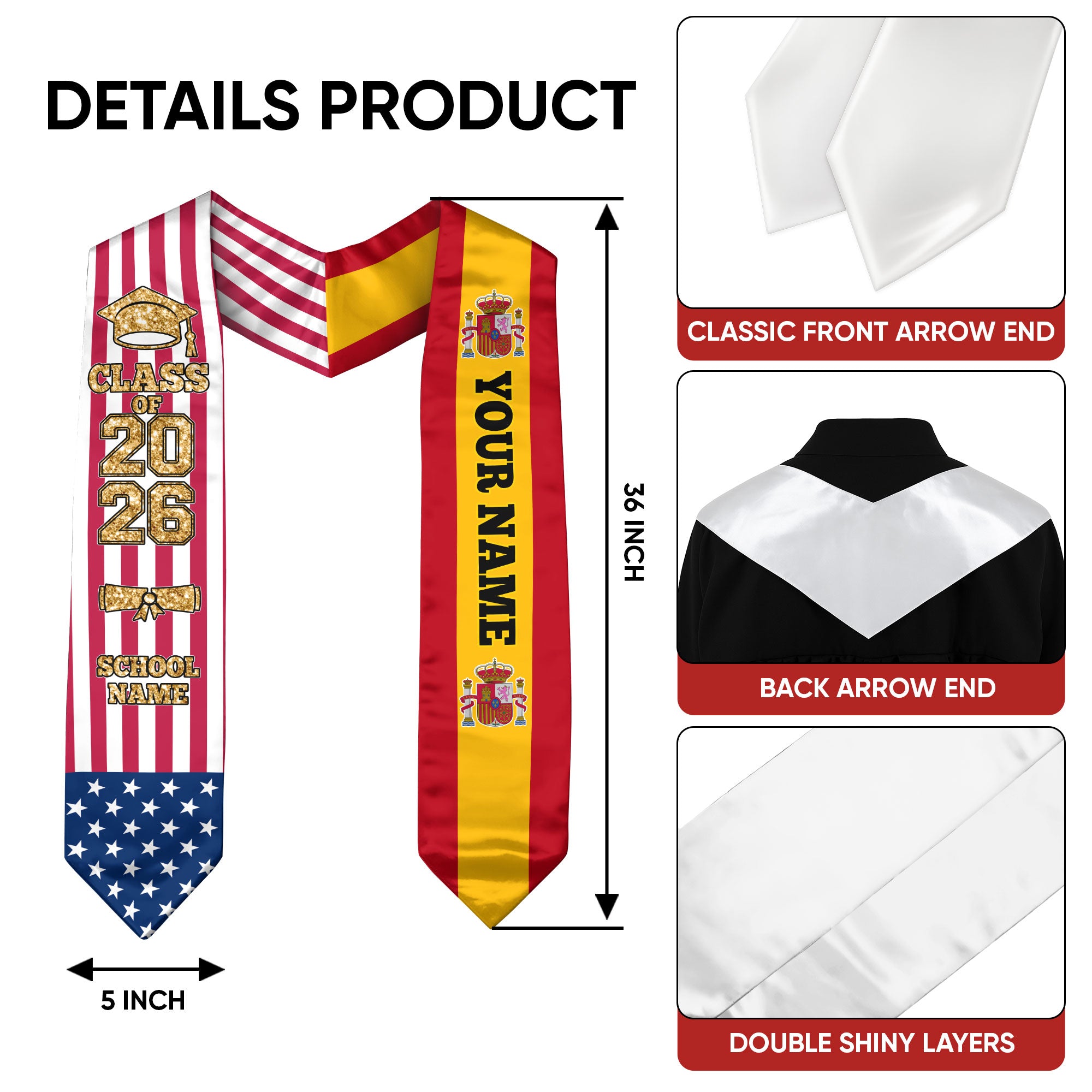 Customized Spain Graduation Stole Featuring Spanish Flag Colors, Graduation Sash 2026, Class of 2026