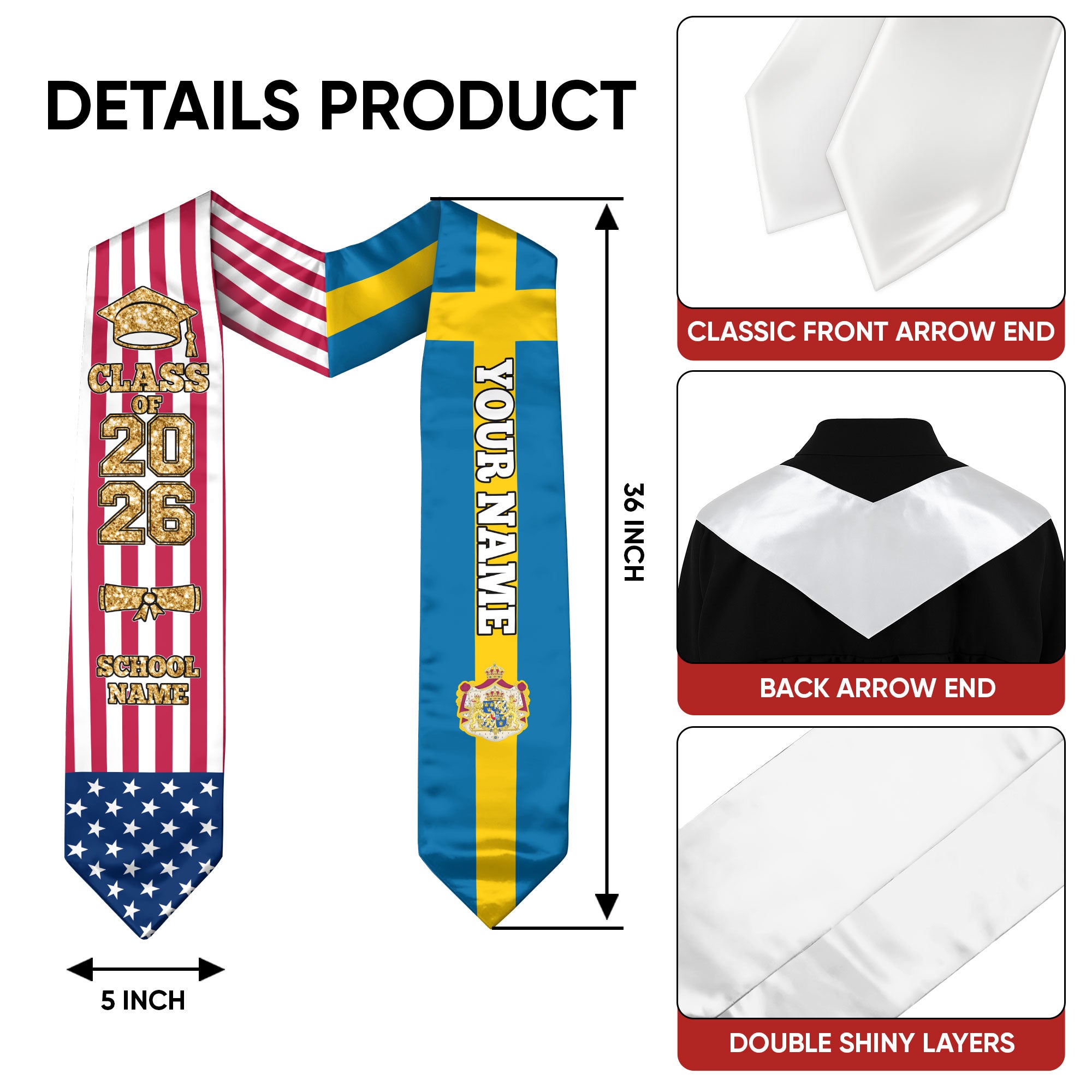Customized Sweden Graduation Stole with Swedish Flag Feature, Graduation Sash 2026, Class of 2026