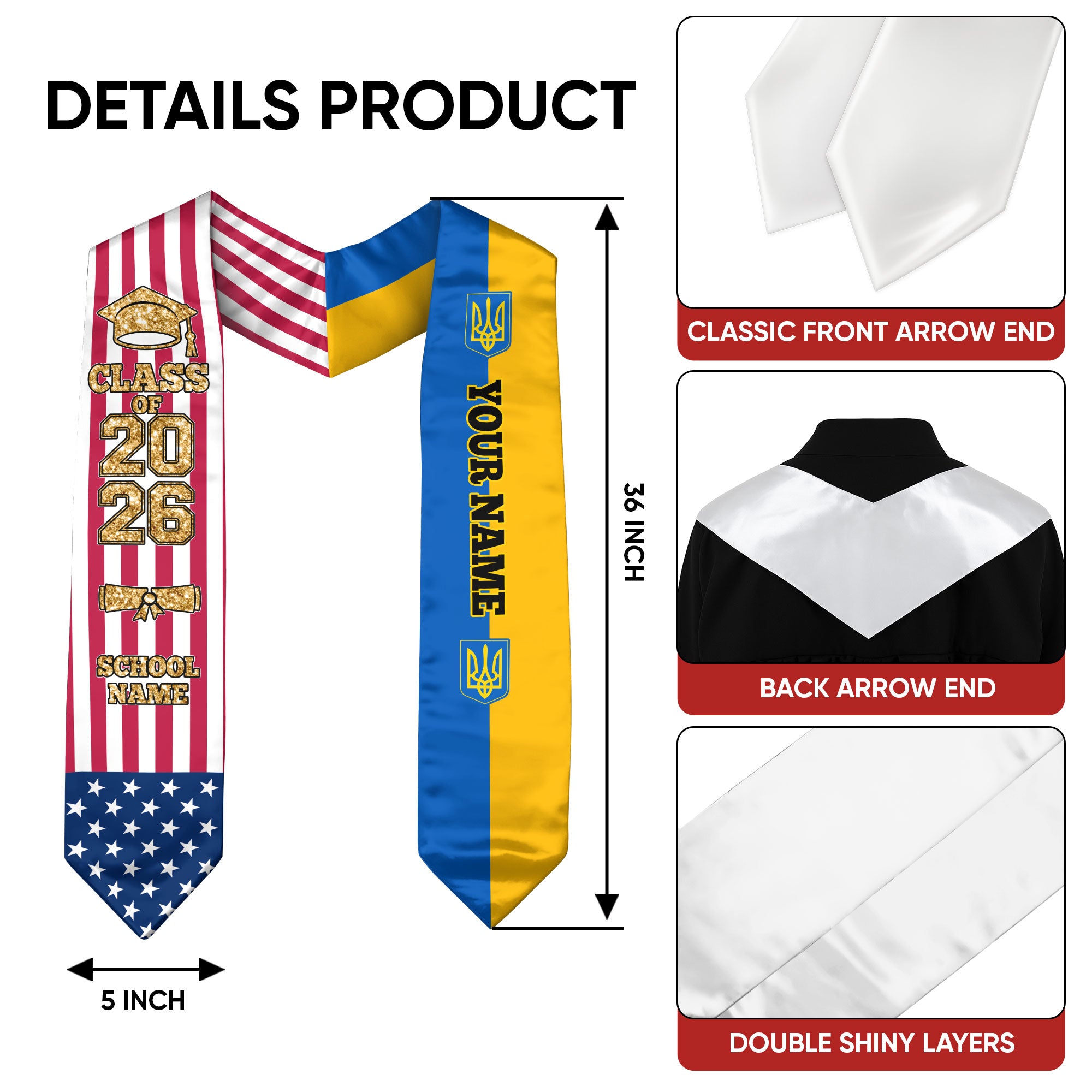 Customized Ukraine Graduation Stole Featuring Ukrainian Flag Colors, Graduation Sash 2026, Class of 2026