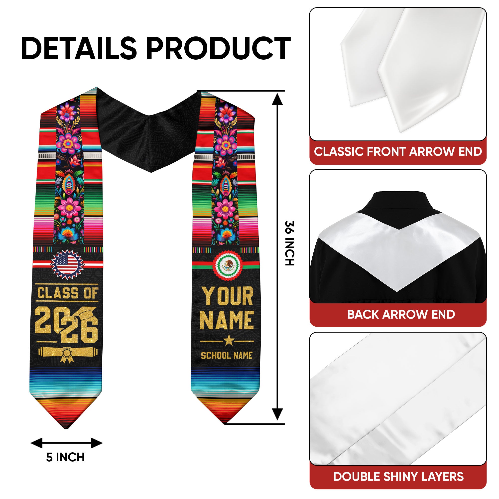 Mexican American Flag Graduation Sash 2026, Mexico Graduation Stole, Made to Order