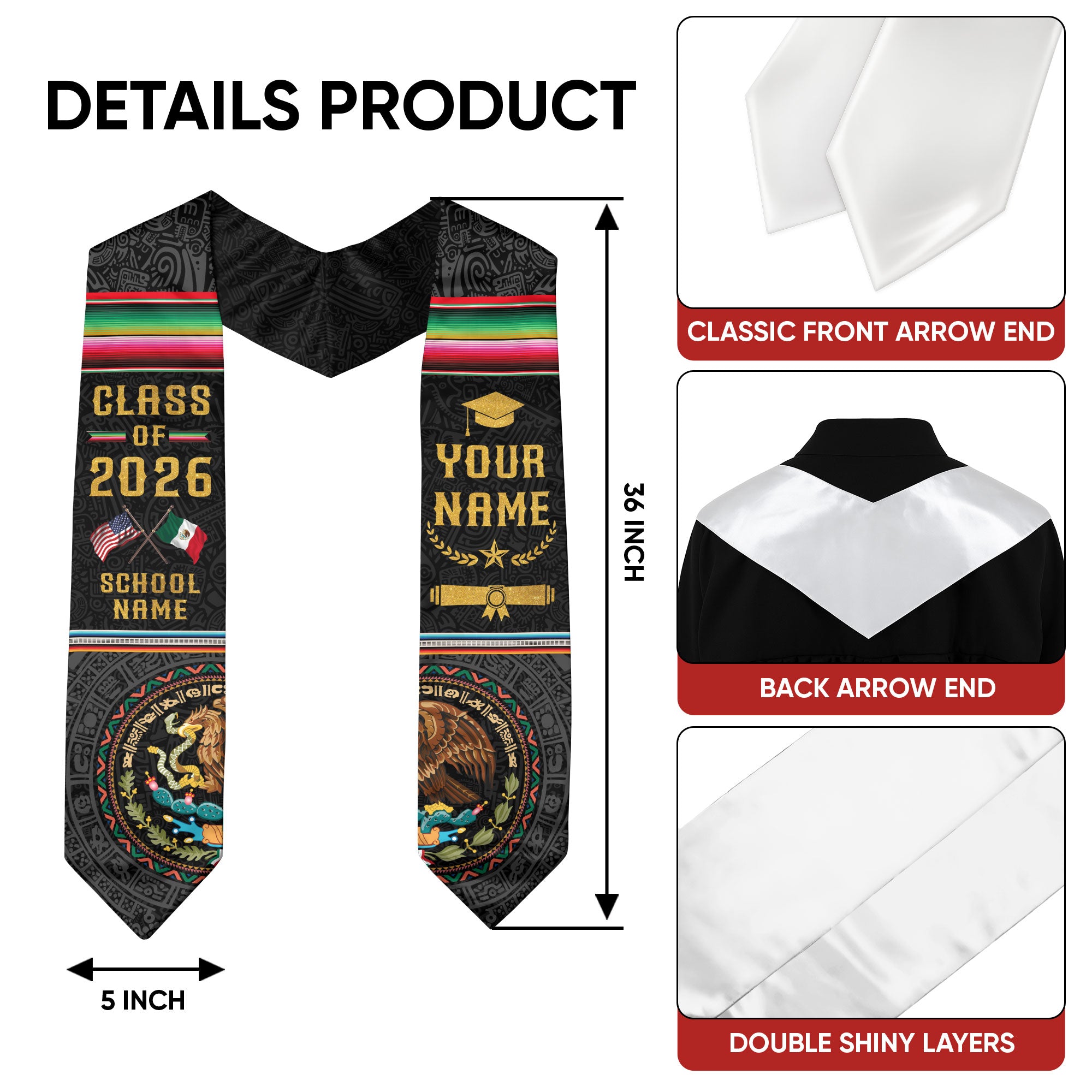 Mexico Graduation Sash 2026, Mexican American Flag Stole, Mexican Stole Customized