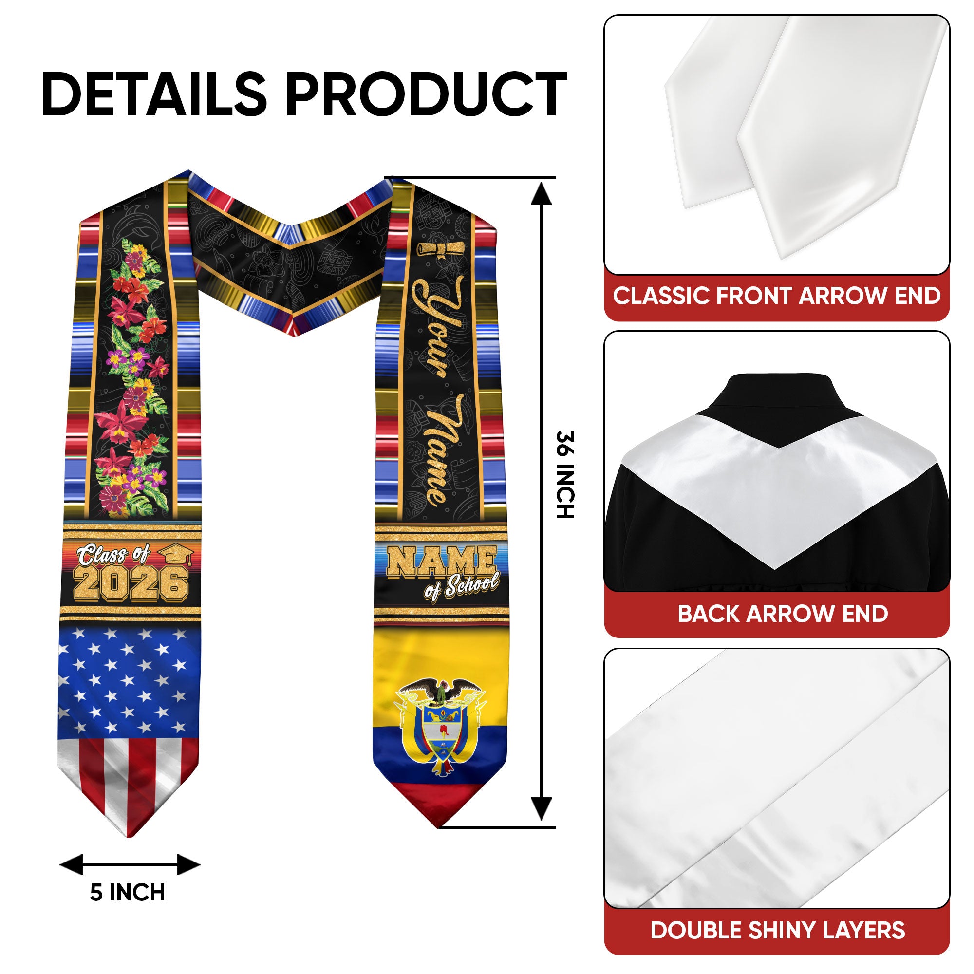 Colombia Graduation Stole 2026, Colombian Flag Sash, Graduation Stole with Custom Accent