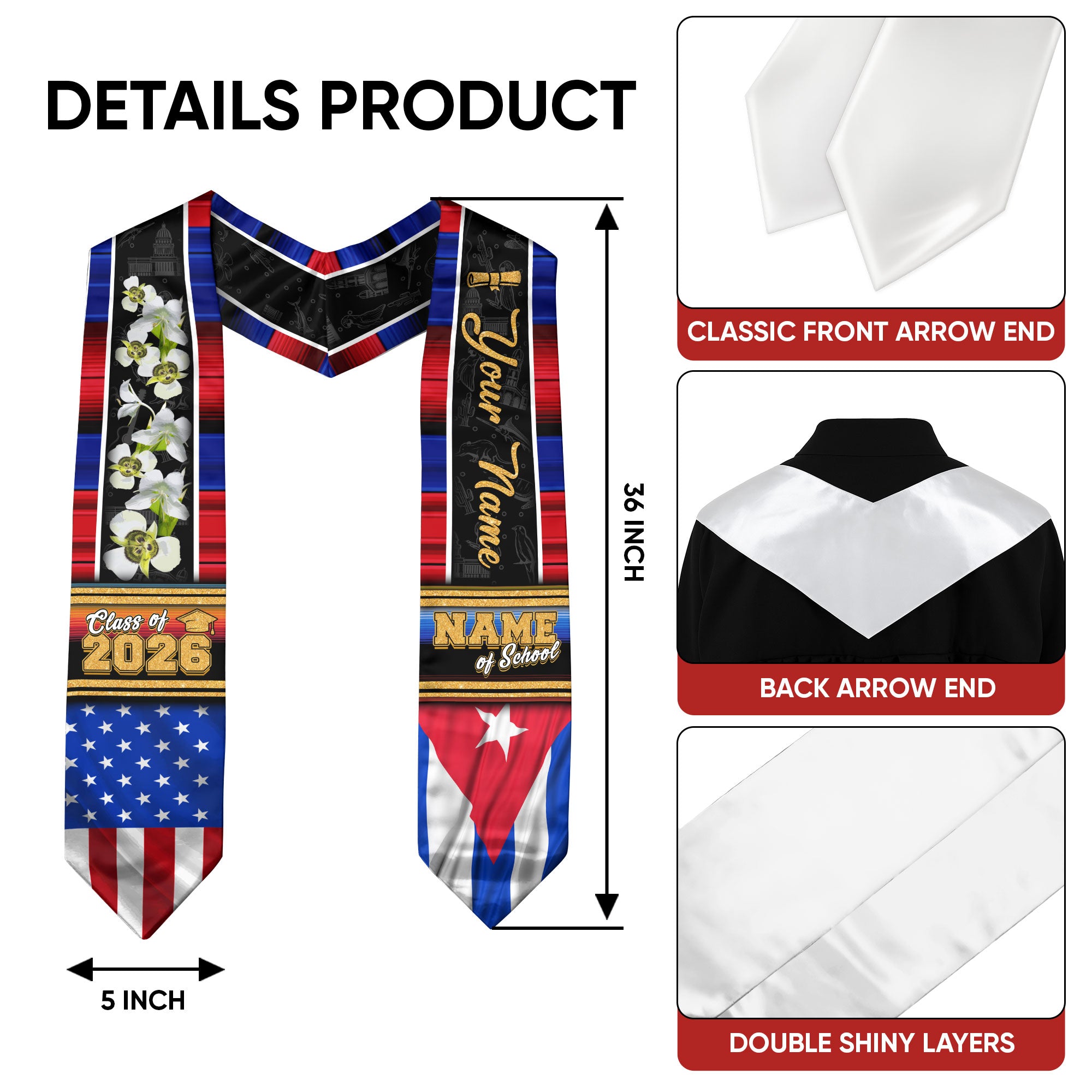 Cuba Graduation Stole 2026, Cuban Flag Graduation Sash, Graduation Stole with Custom Accent