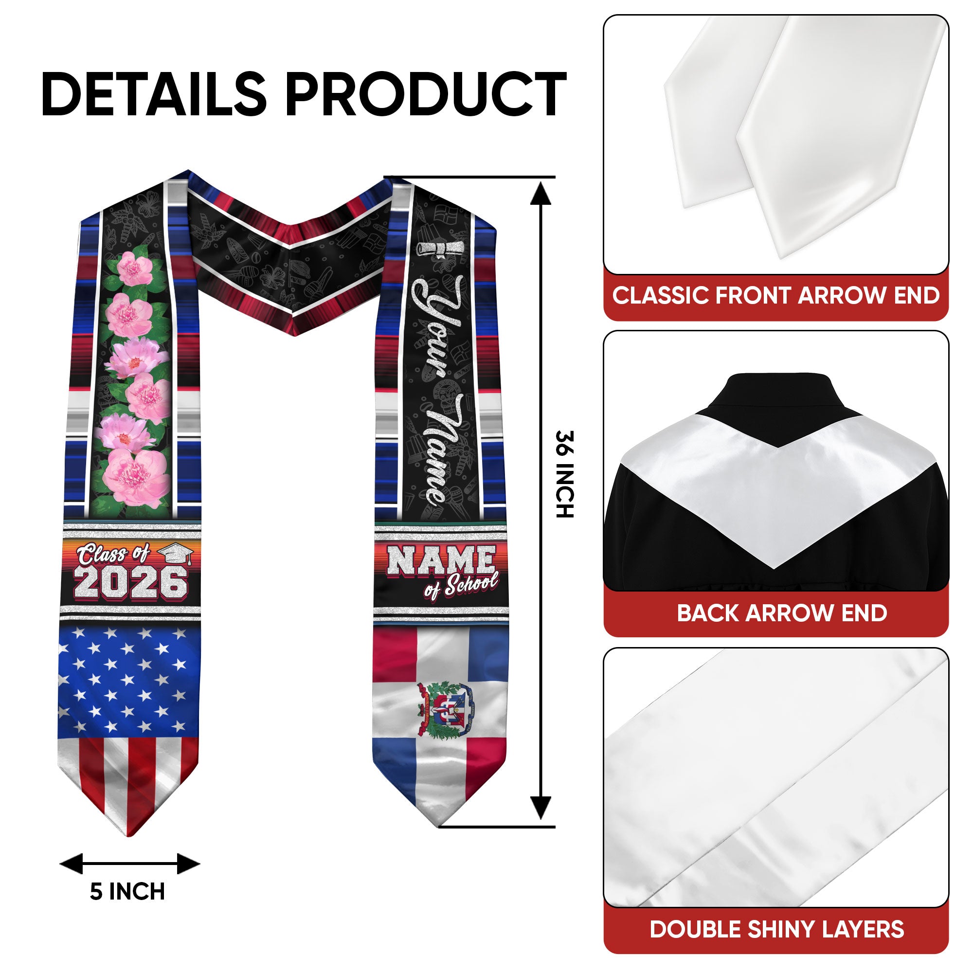 Dominican Graduation Stole 2026, Dominican Flag Sash, Graduation Stole with Custom Accent