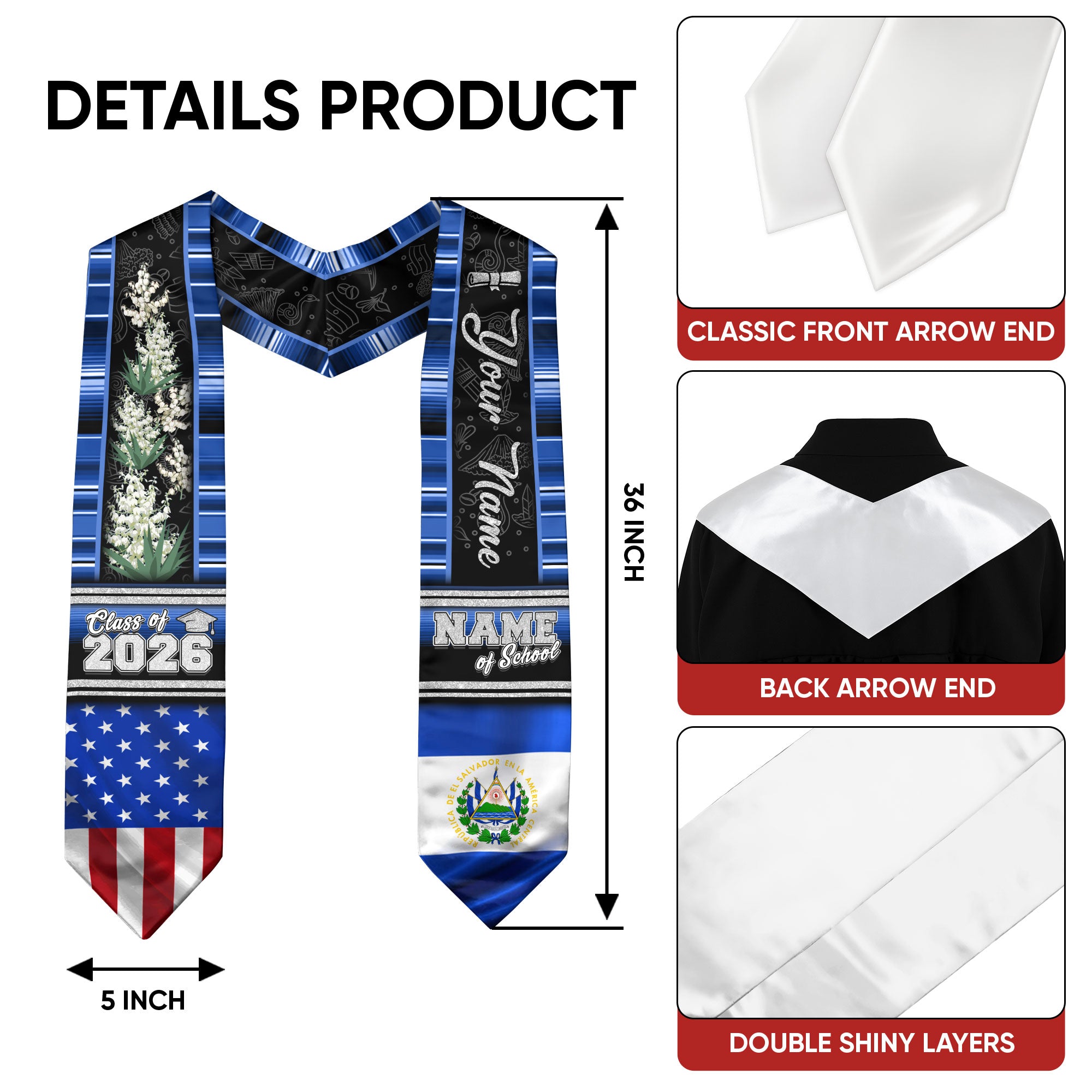 El Salvador Graduation Stole 2026, Salvadoran Flag Sash, Graduation Stole with Custom Accent