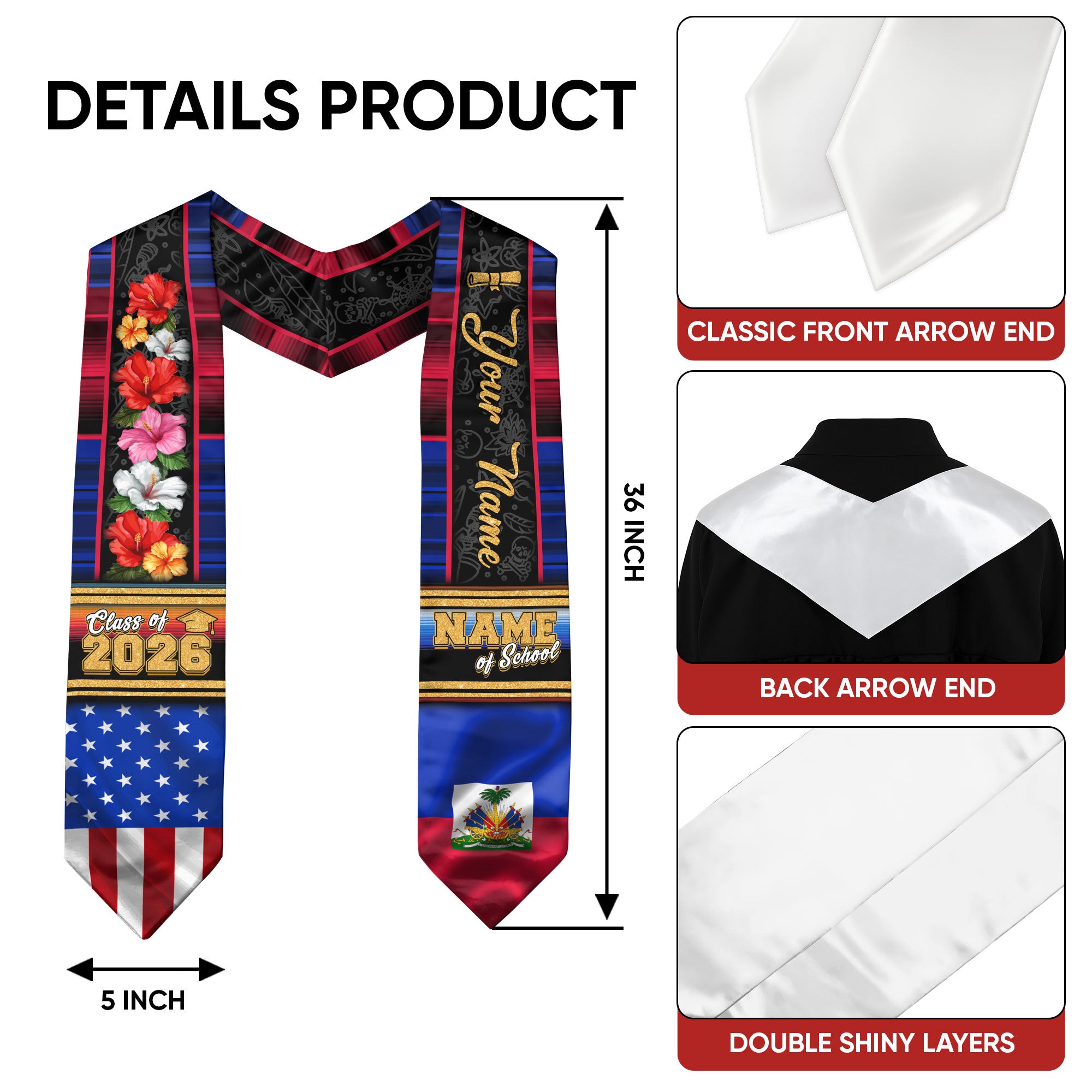 Haiti Graduation Stole 2026, Haitian Flag Sash, Graduation Stole with Custom Accent