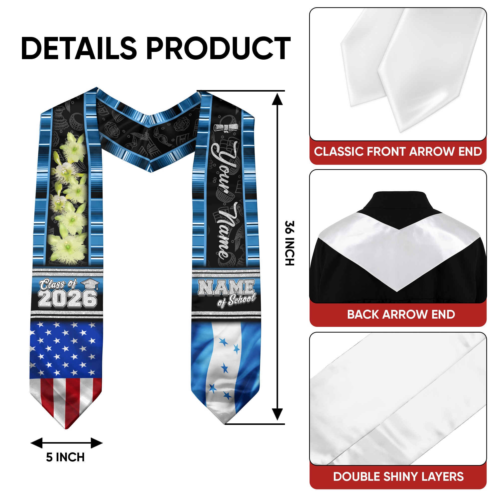 Honduras Graduation Stole 2026, Honduran Flag Sash, Graduation Stole with Custom Accent