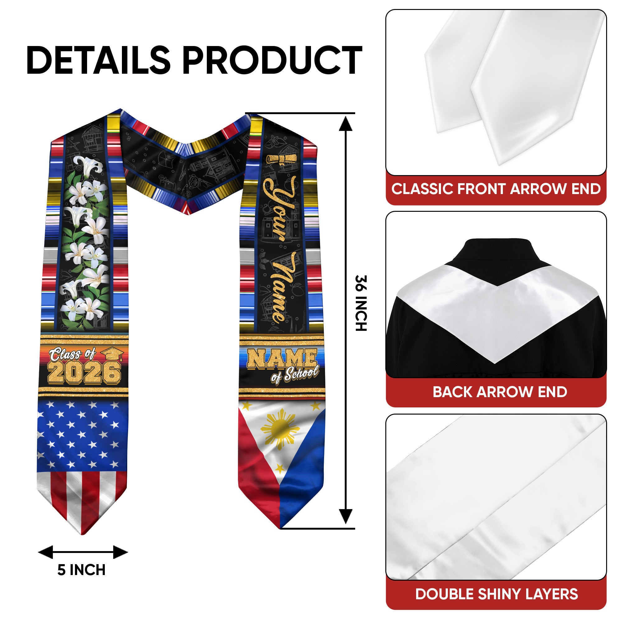 Philippines Graduation Stole 2026, Filipino Flag Sash, Graduation Stole with Custom Accent