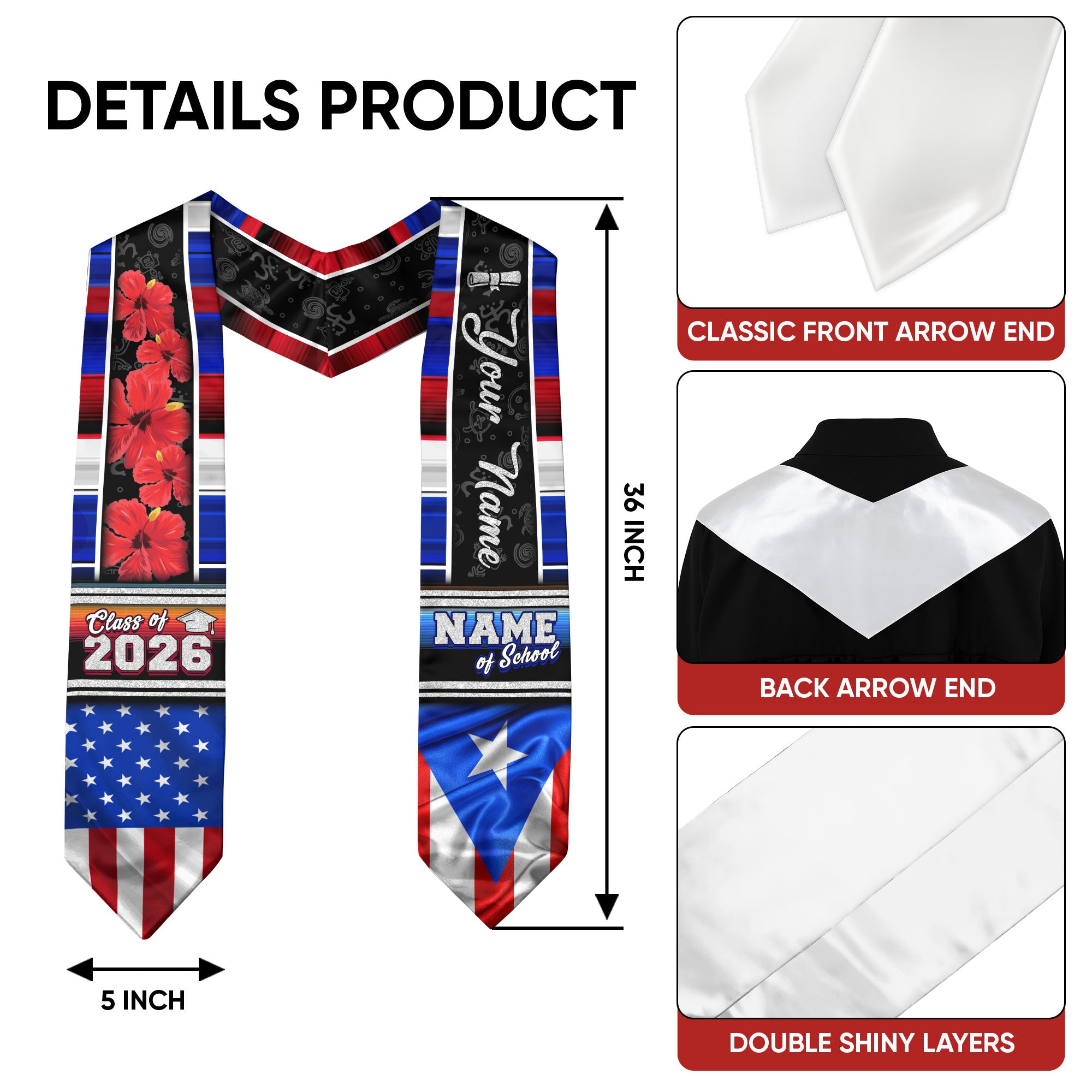 Puerto Rico Graduation Stole 2026, Puerto Rican Flag Sash, Graduation Stole Custom Accent