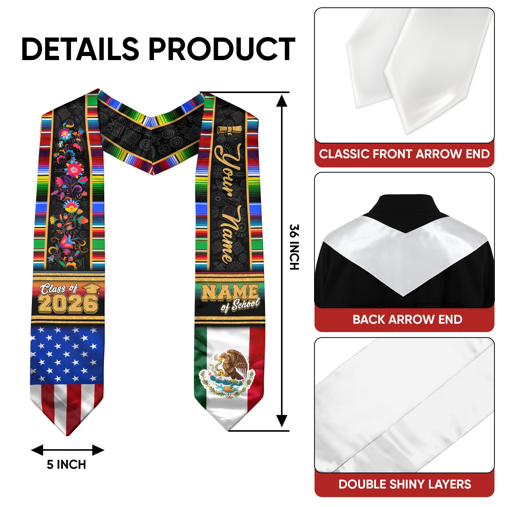 Mexico Graduation Stole 2026, Mexican Flag Sash, Graduation Stole with Custom Accent, Mexico Custom