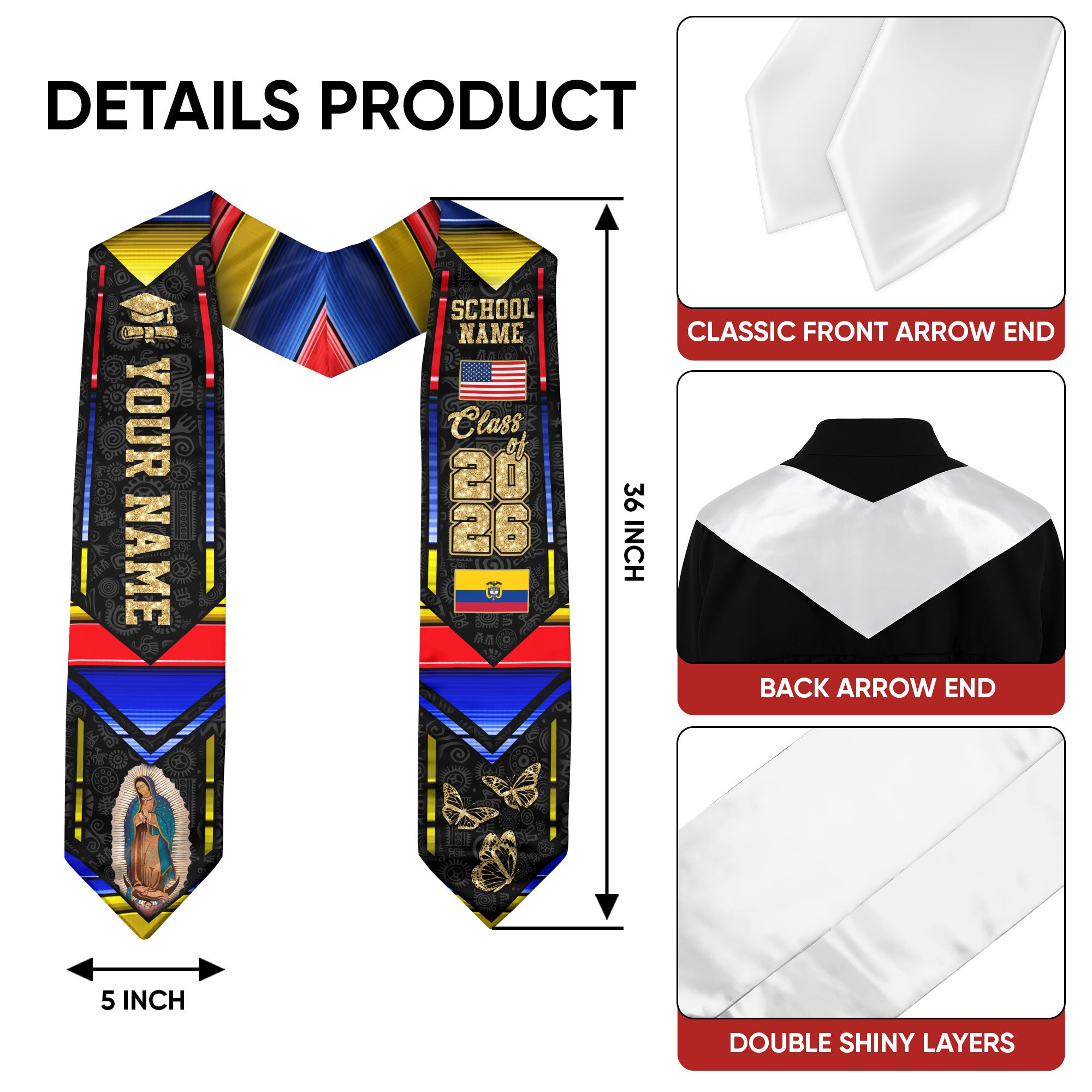 Colombian Flag Graduation Sash 2026, Colombia Graduation Stole, Customizable Detail Stole
