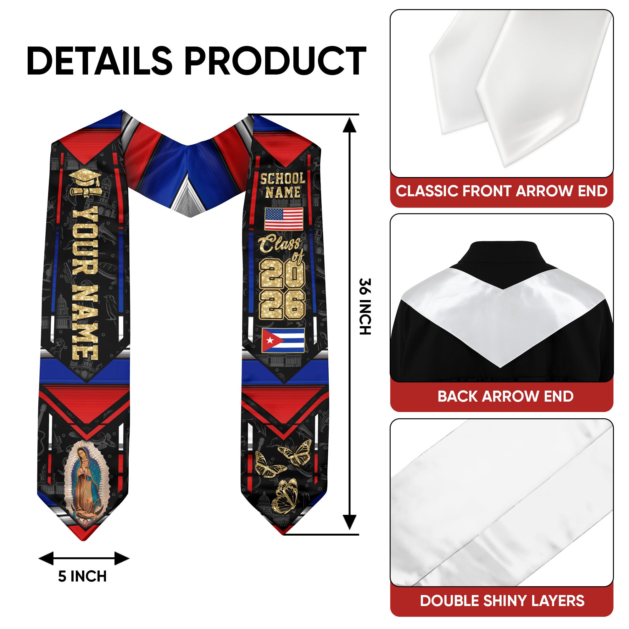 Cuban Flag Graduation Sash 2026, Cuba Graduation Stole, Customizable Detail Stole 2026